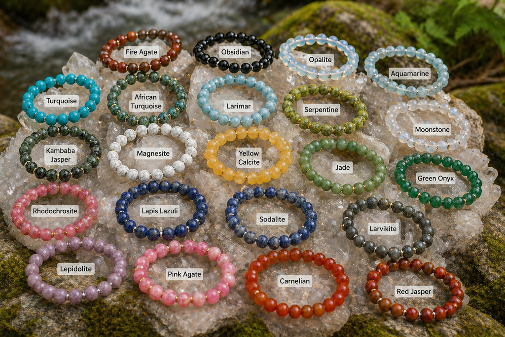 BRACELETS-PICK YOUR STONE-PICK YOUR SIZE-PICK GOLD OR SILVER- 8mm NATURAL STONE WITH GOLD OR SILVER SPACERS