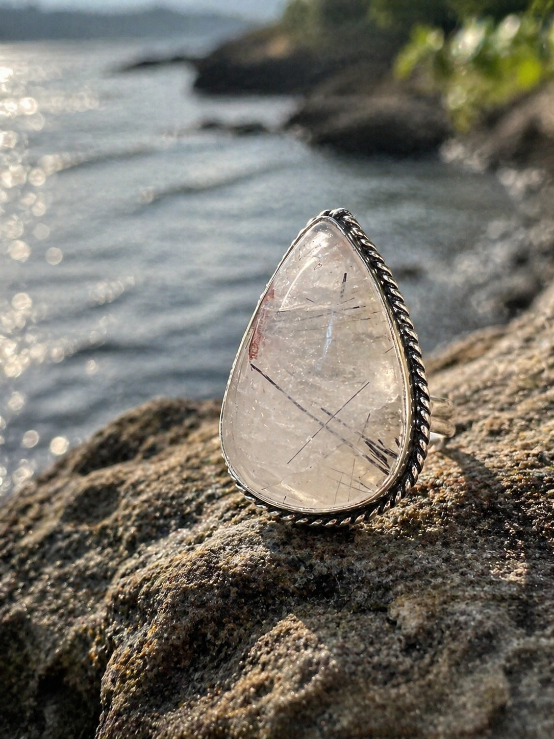Rutilated Quartz Teardrop Ring – Sterling Plated