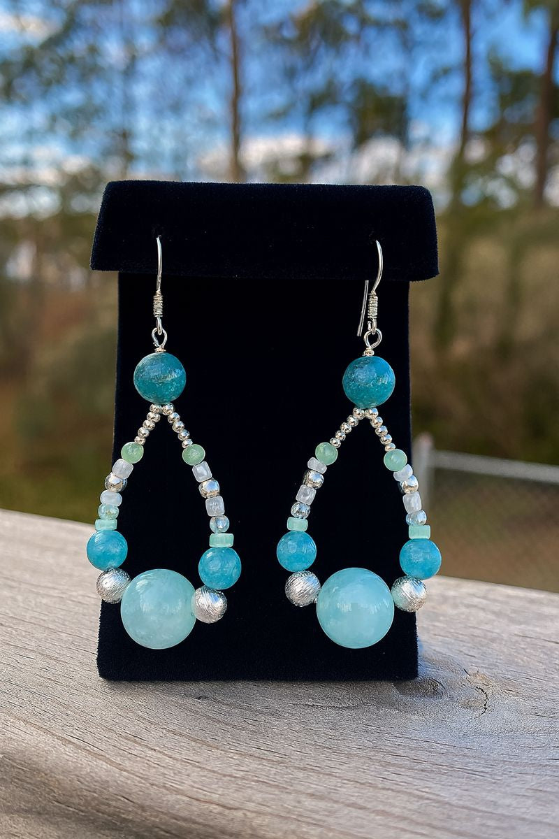 Shell, Amazonite, Blue Chalcedony &amp; White Quartz Teardrop Earrings