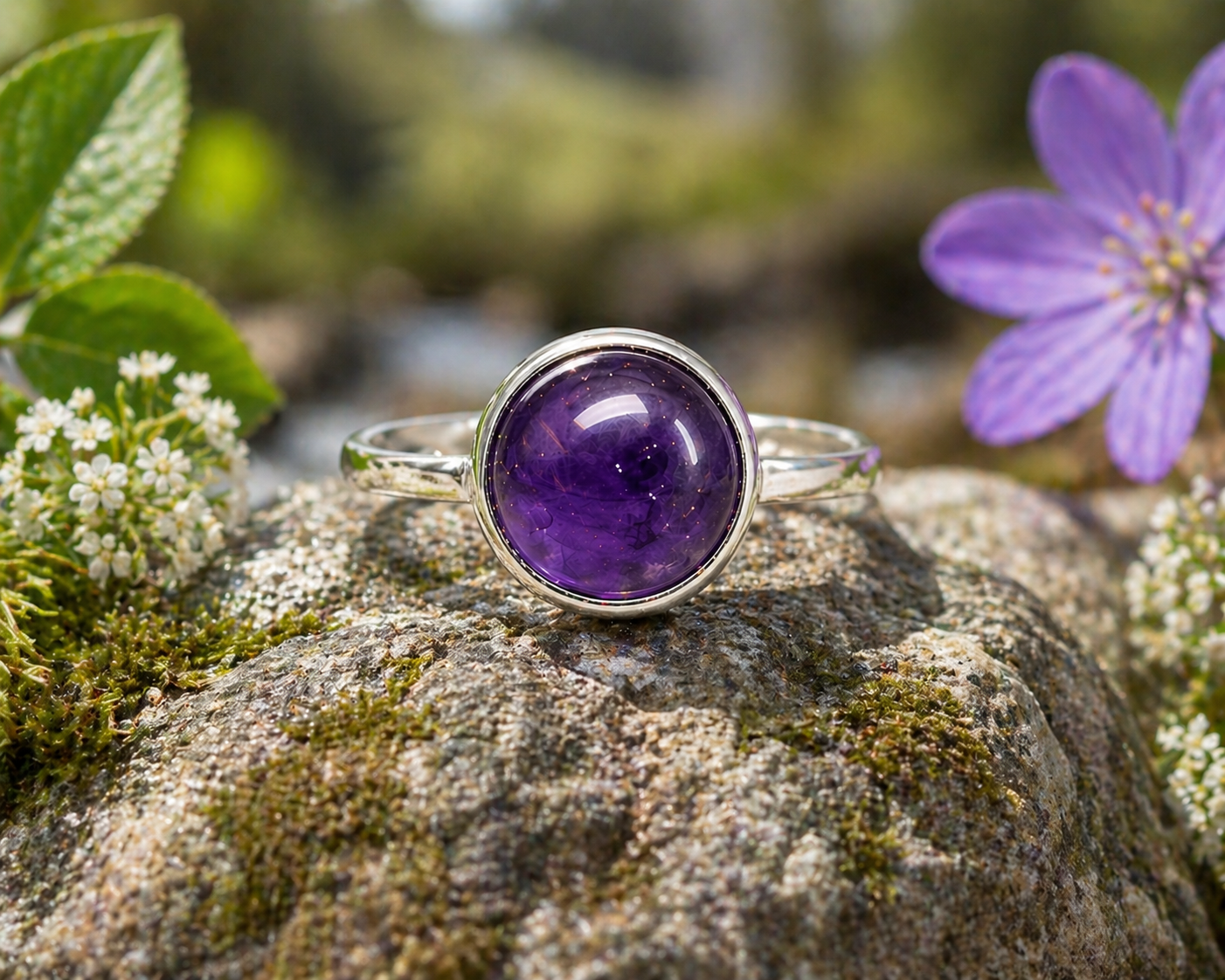 Natural Amethyst Cabochon Ring – Sterling Silver – Size 8.25