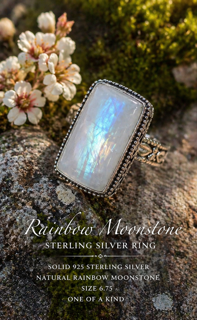 Rainbow Moonstone Statement Ring – Solid Sterling Silver | Size 6.75 | One of a Kind