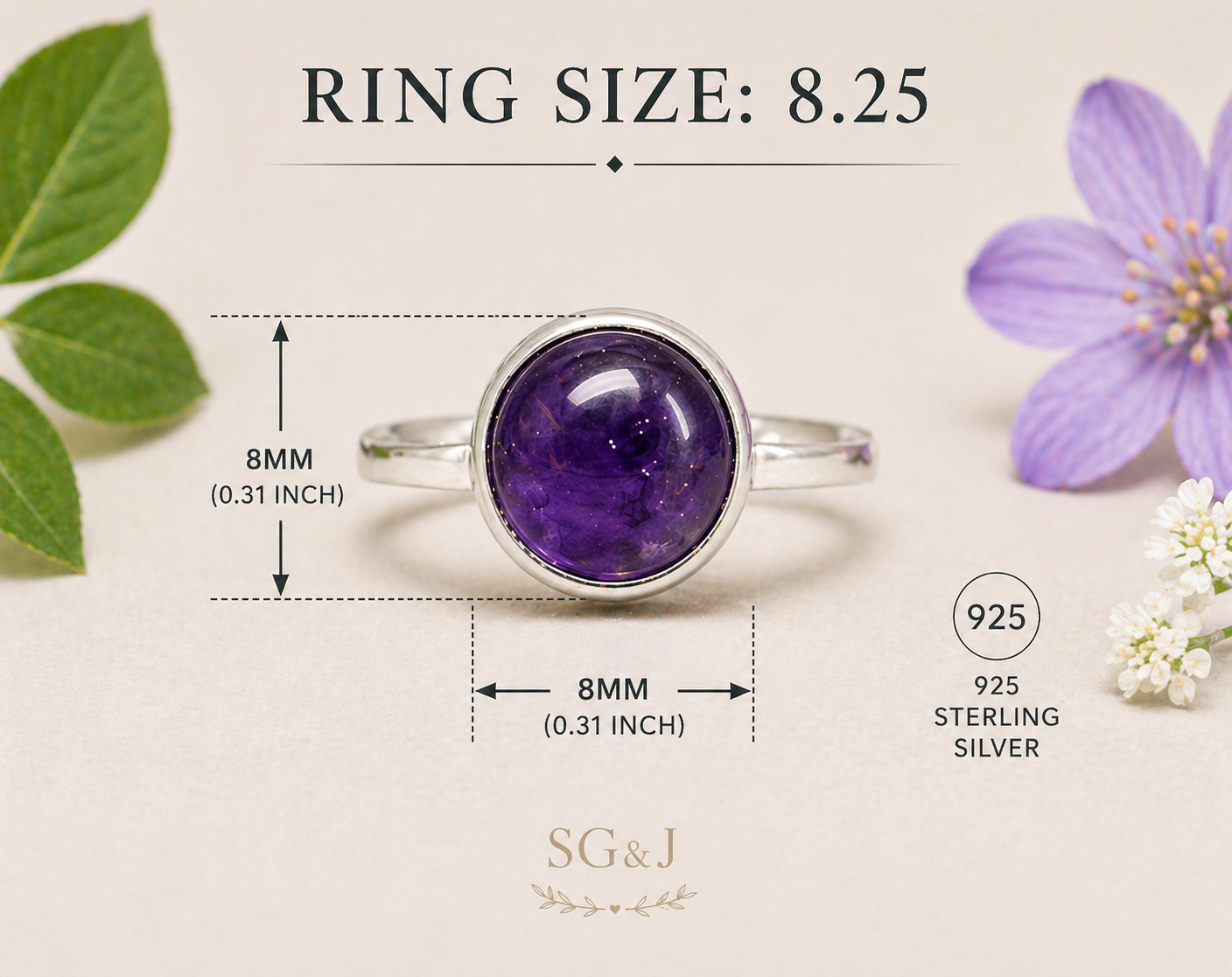 Natural Amethyst Cabochon Ring – Sterling Silver – Size 8.25