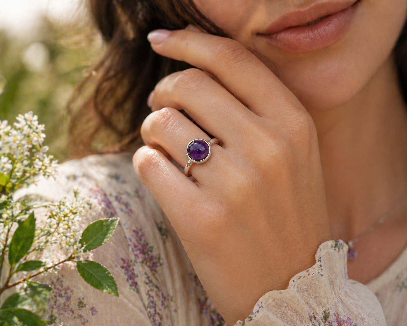 Natural Amethyst Cabochon Ring – Sterling Silver – Size 8.25