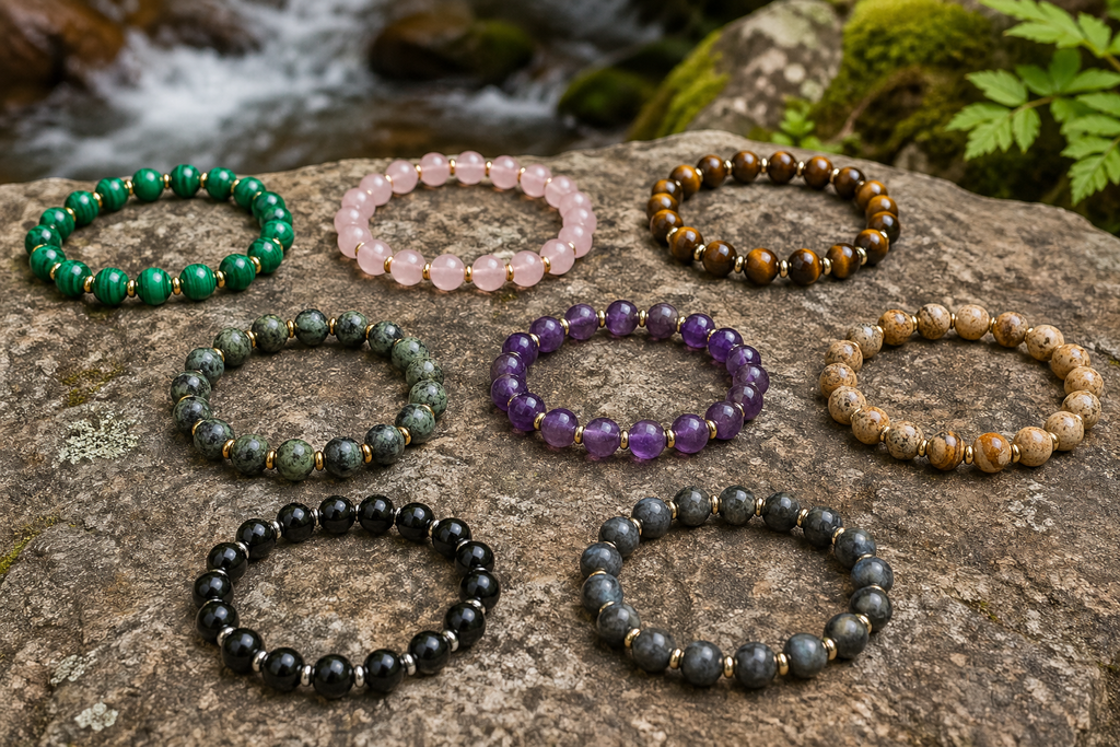 BRACELETS-PICK YOUR STONE-PICK YOUR SIZE-PICK GOLD OR SILVER- 8mm NATURAL STONE WITH GOLD OR SILVER SPACERS