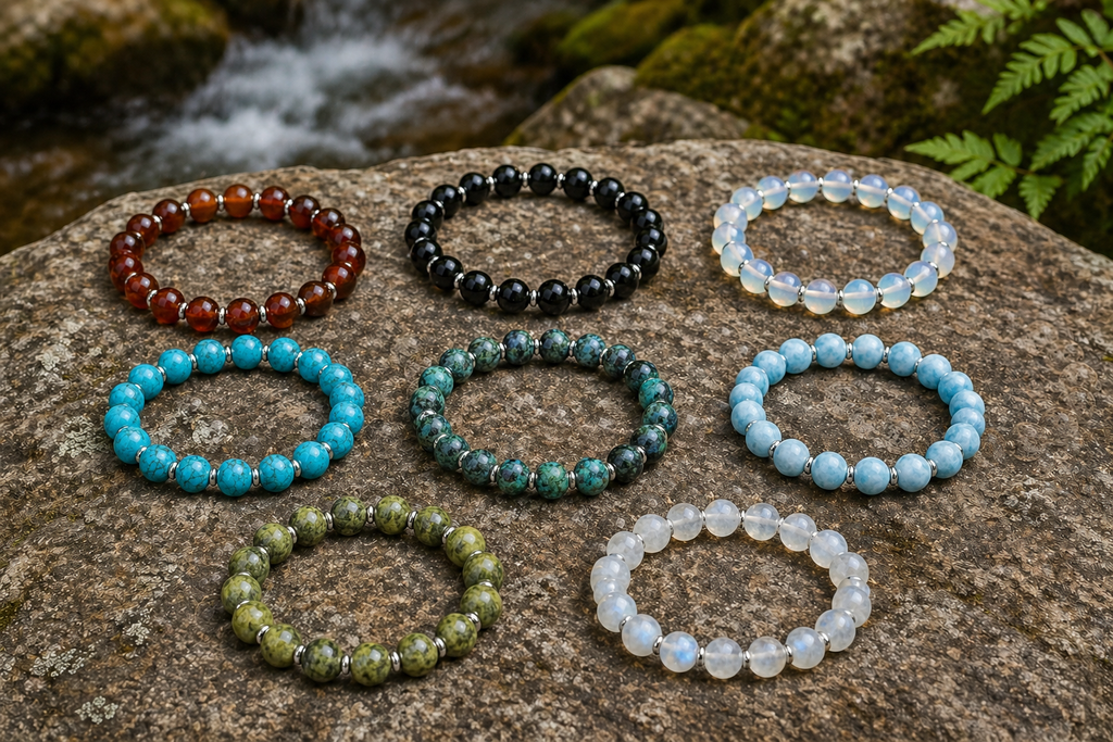 BRACELETS-PICK YOUR STONE-PICK YOUR SIZE-PICK GOLD OR SILVER- 8mm NATURAL STONE WITH GOLD OR SILVER SPACERS