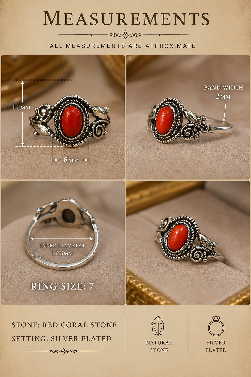 Red Coral Stone Ring- size 7