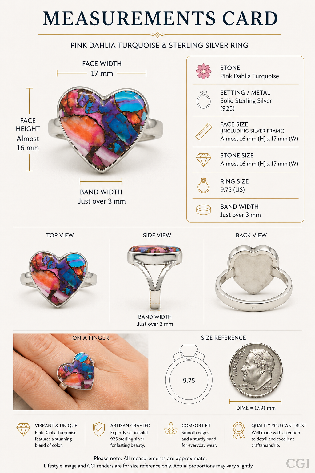 Pink Dahlia Heart Ring – Solid Sterling Silver – Size 9.75