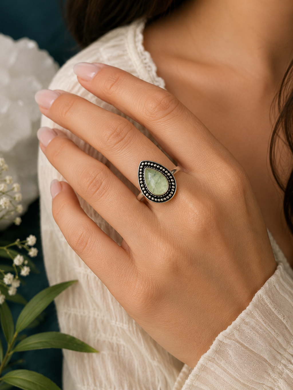 Prehnite Teardrop Statement Ring – Sterling Plated – Size 9