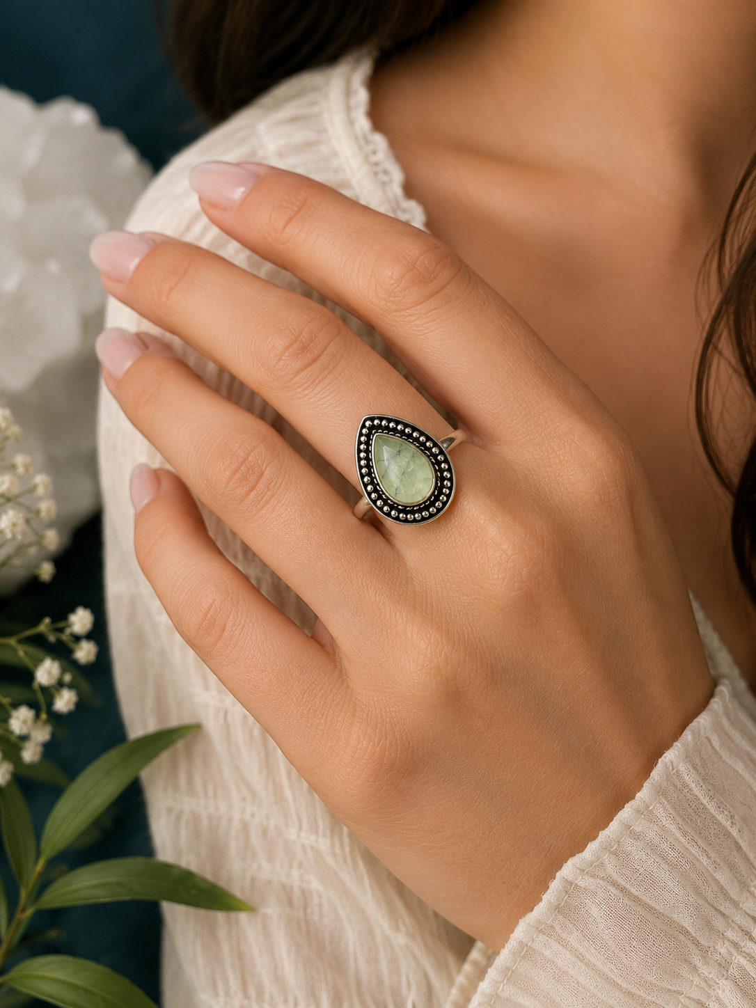 Prehnite Teardrop Statement Ring – Sterling Plated – Size 9