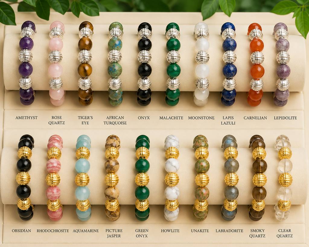 BRACELETS- -PICK YOUR STONE-PICK YOUR SIZE-PICK GOLD OR SILVER-10MM NATURAL STONE BEADS WITH 10MM 18k GOLD OR 925 SILVER PLATED BEADS