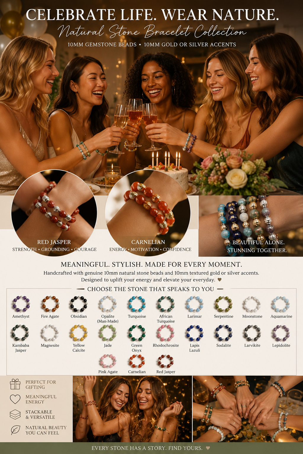 BRACELETS- -PICK YOUR STONE-PICK YOUR SIZE-PICK GOLD OR SILVER-10MM NATURAL STONE BEADS WITH 10MM 18k GOLD OR 925 SILVER PLATED BEADS