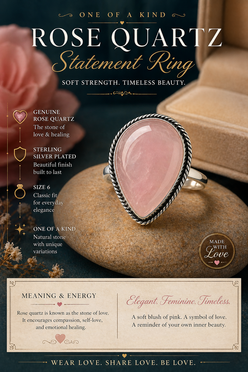 Rose Quartz Teardrop Ring Silver Overlay
