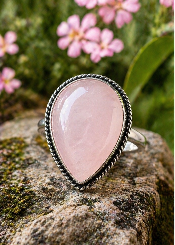 Rose Quartz Teardrop Ring Silver Overlay