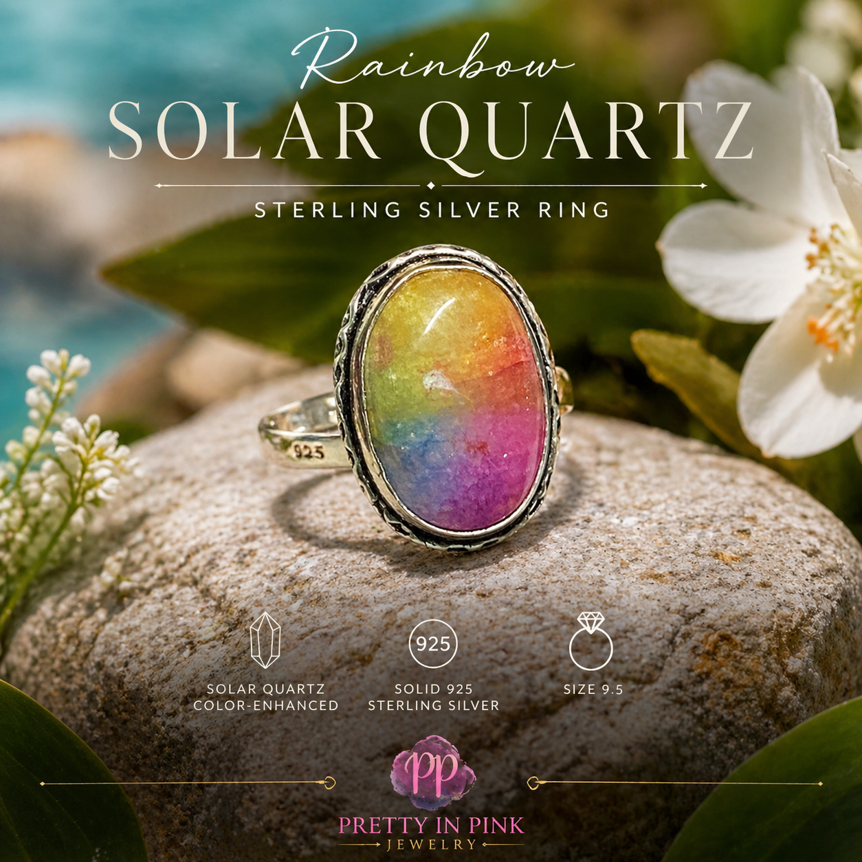 RAINBOW SOLAR QUARTZ RING (color enhanced) – STERLING SILVER – SIZE 9.5