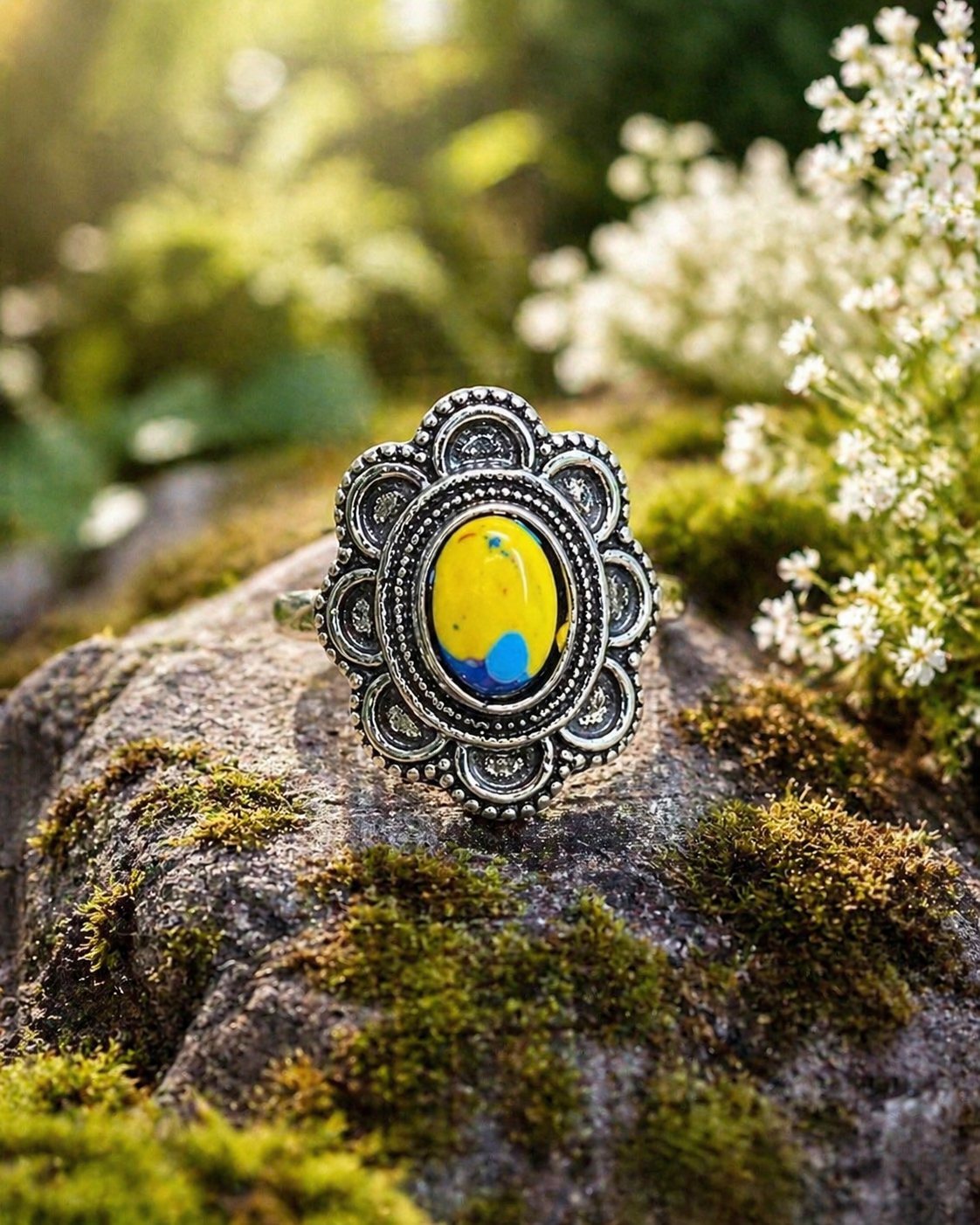 Mosaic Jasper Statement Ring – Sterling Silver Plated