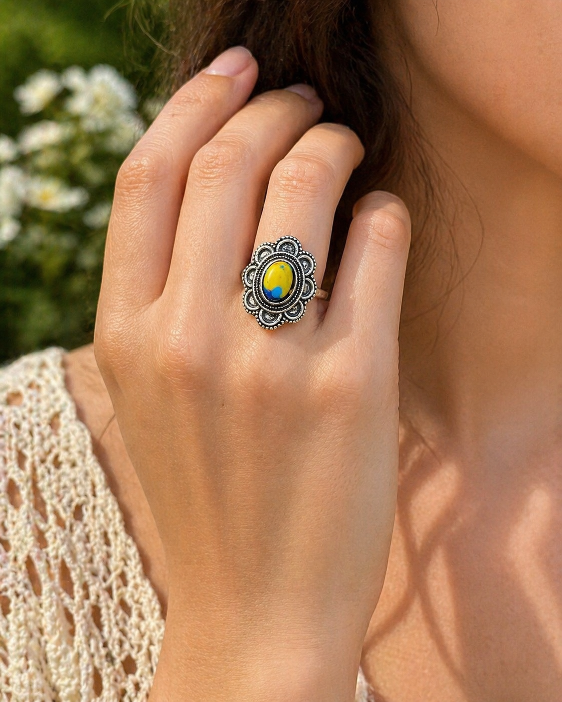 Mosaic Jasper Statement Ring – Sterling Silver Plated