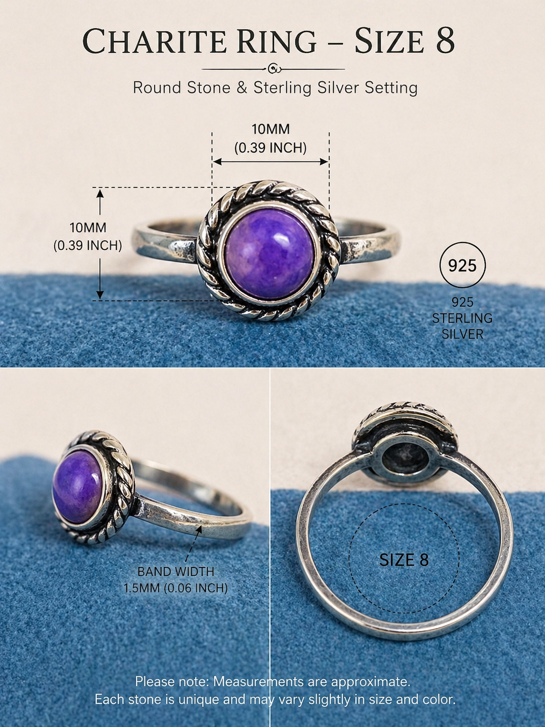 Natural Charite and Sterling Silver Ring-size 8.25