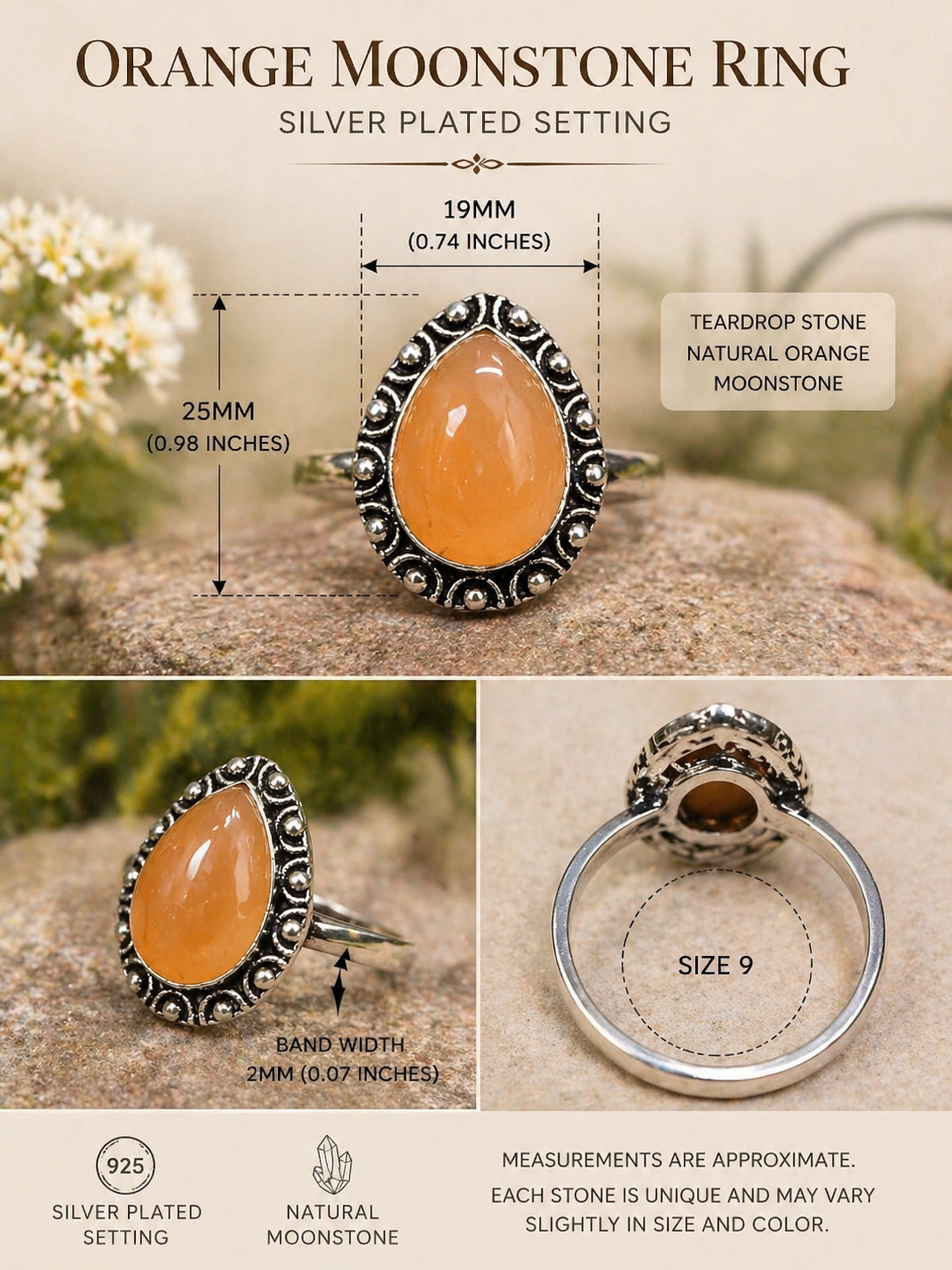 Orange Moonstone Ring size 9