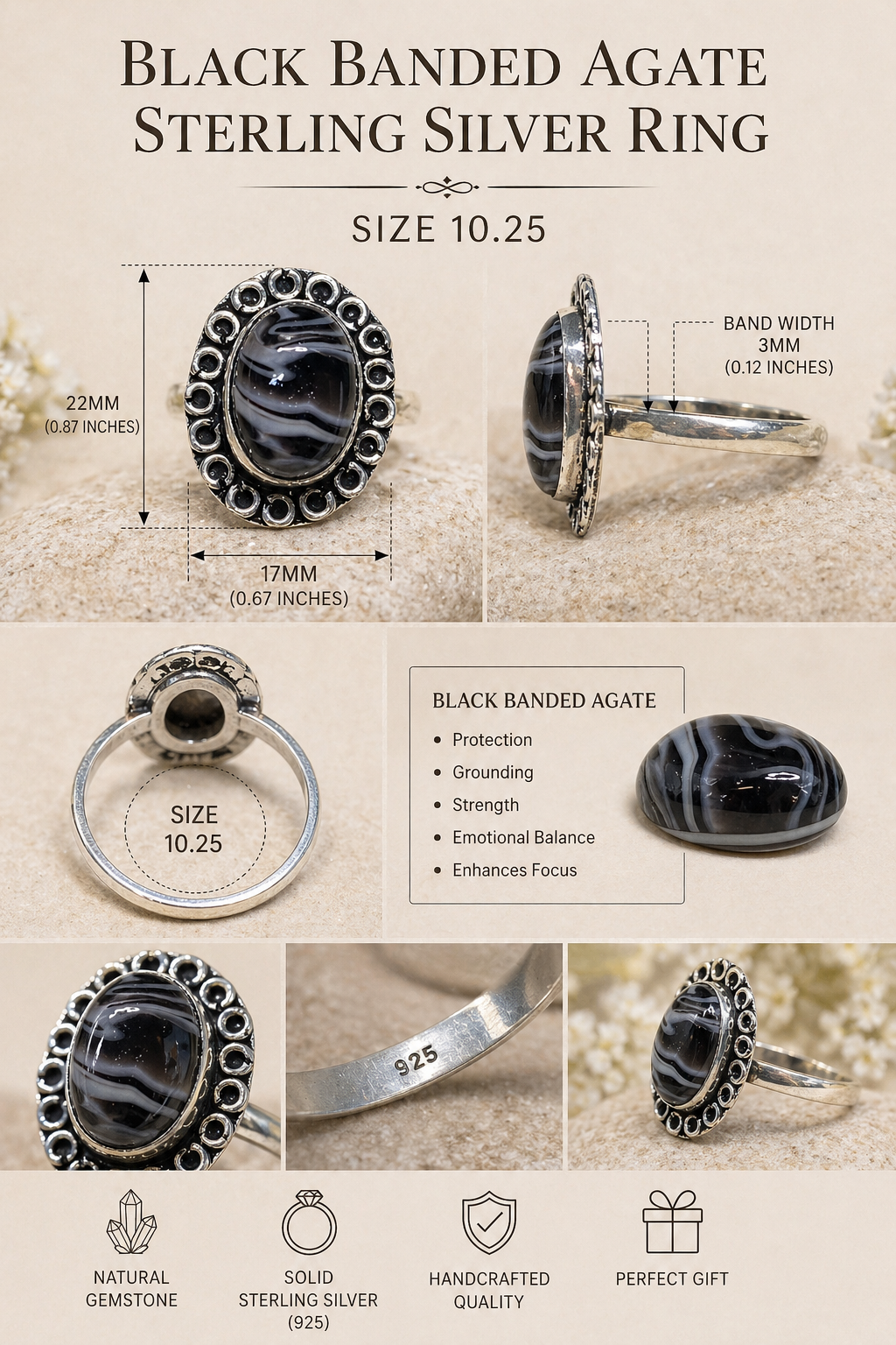 BLACK BANDED AGATE & STERLING SILVER RING