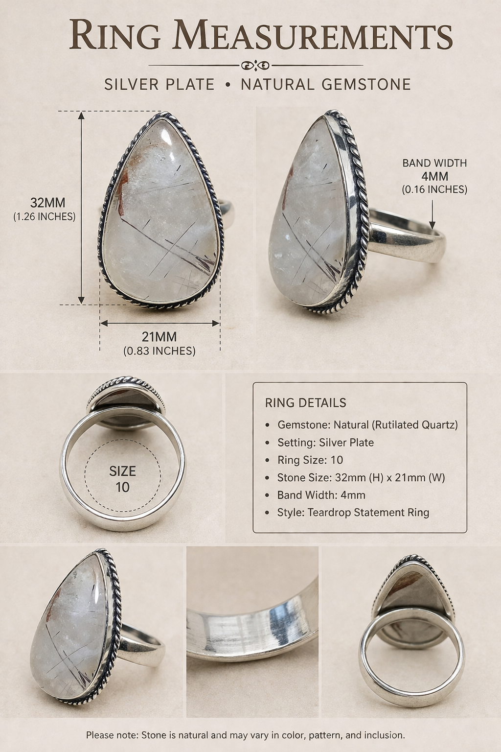 Rutilated Quartz Teardrop Ring – Sterling Plated