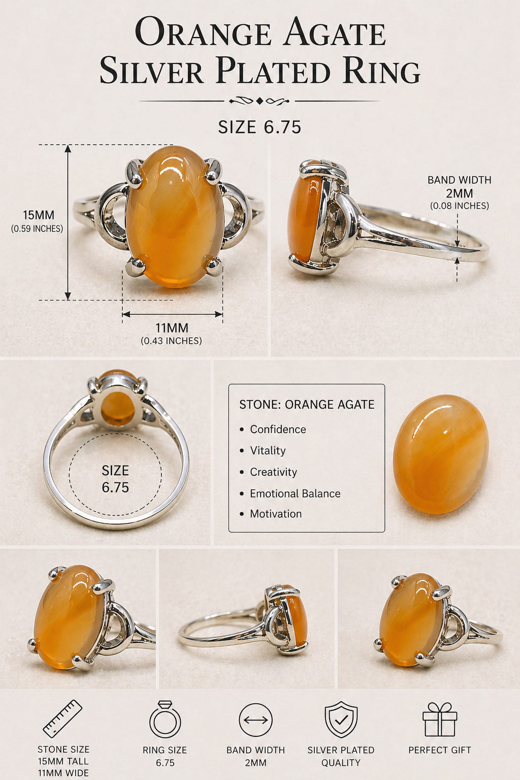 Orange Agate Silver Plated Ring-6.75
