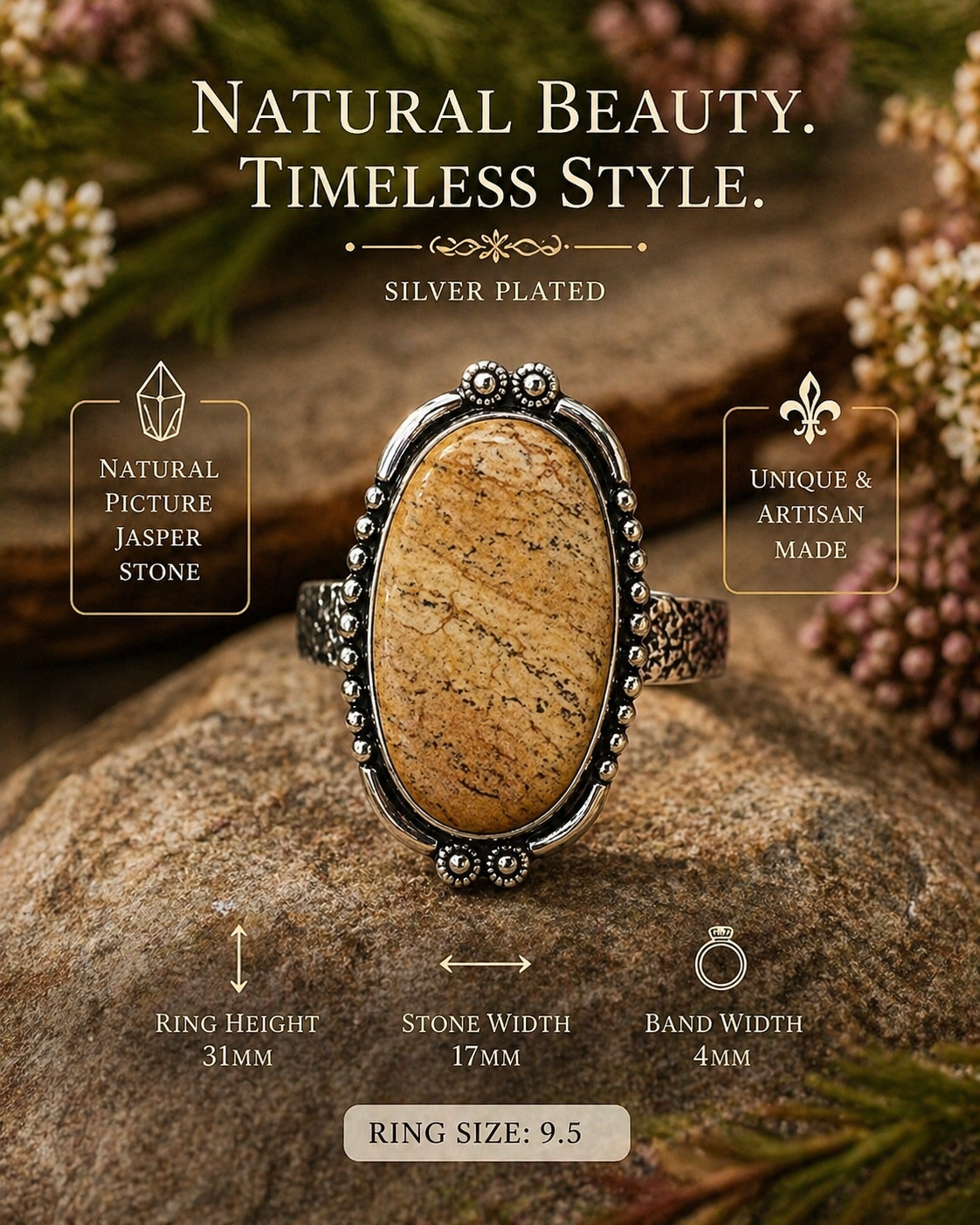 🌿 Picture Jasper Statement Ring – Size 9.5 🌿