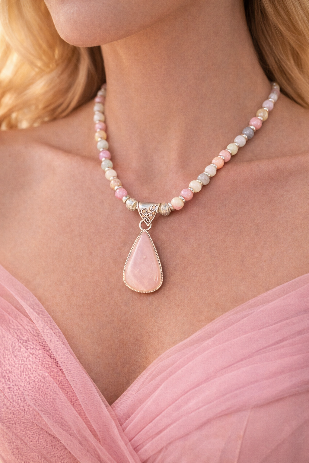 ROSE QUARTZ AND 925 STERLING SILVER PENDANT ON QUARTZ BEADED NECKLACE