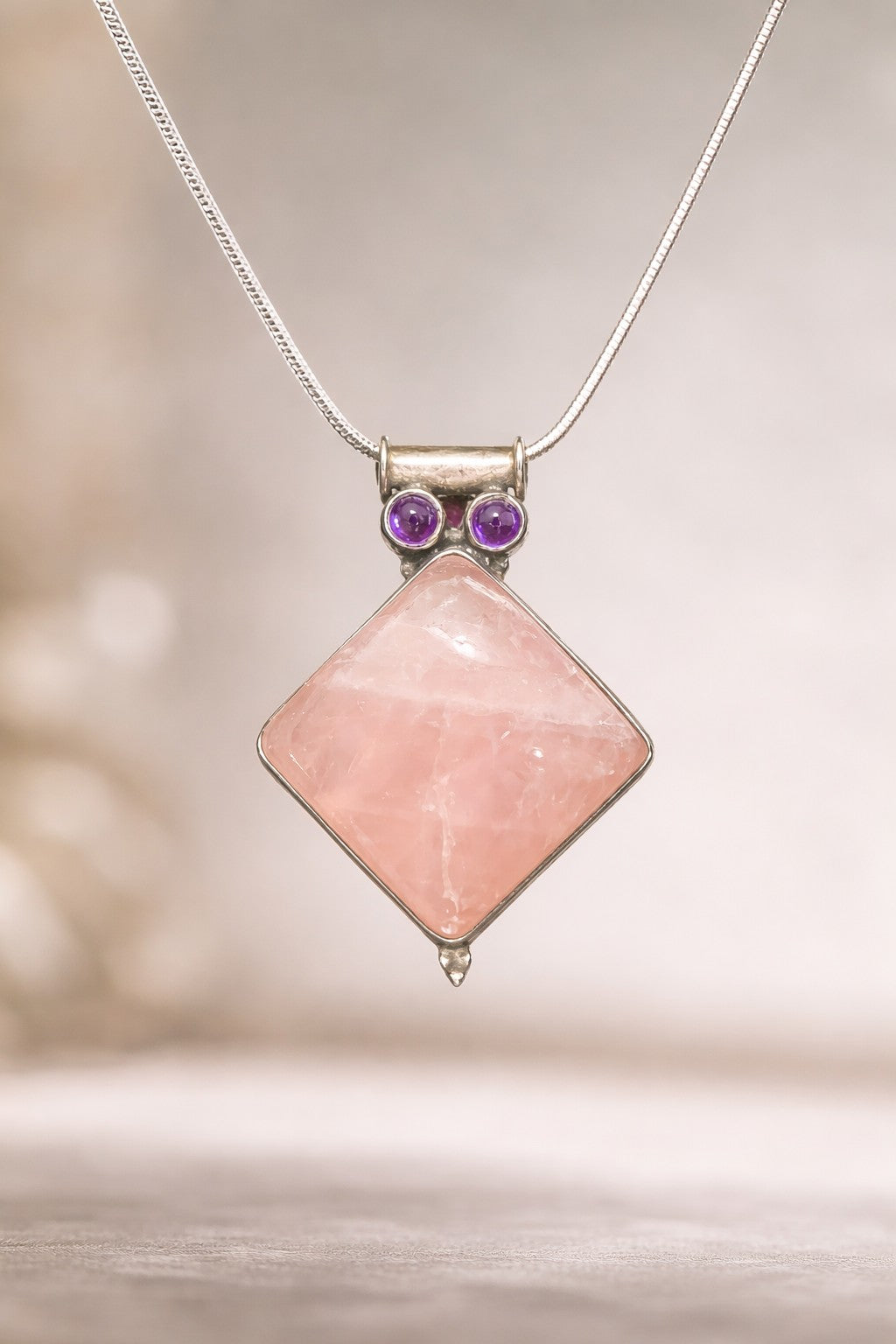 Rose Quartz & Amethyst Pendant Necklace | Solid 925 Sterling Silver, 20” Snake Chain.