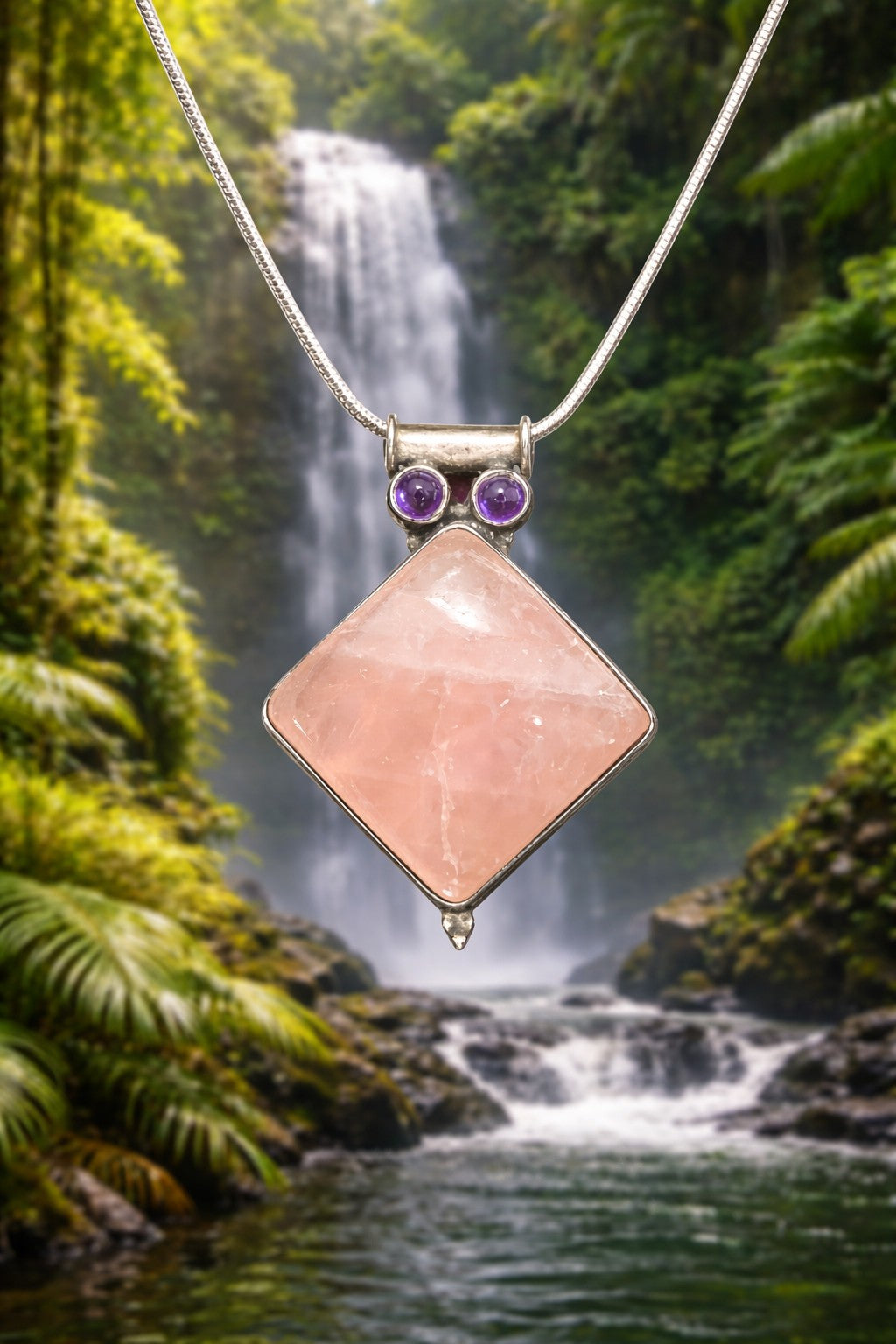 Rose Quartz & Amethyst Pendant Necklace | Solid 925 Sterling Silver, 20” Snake Chain.