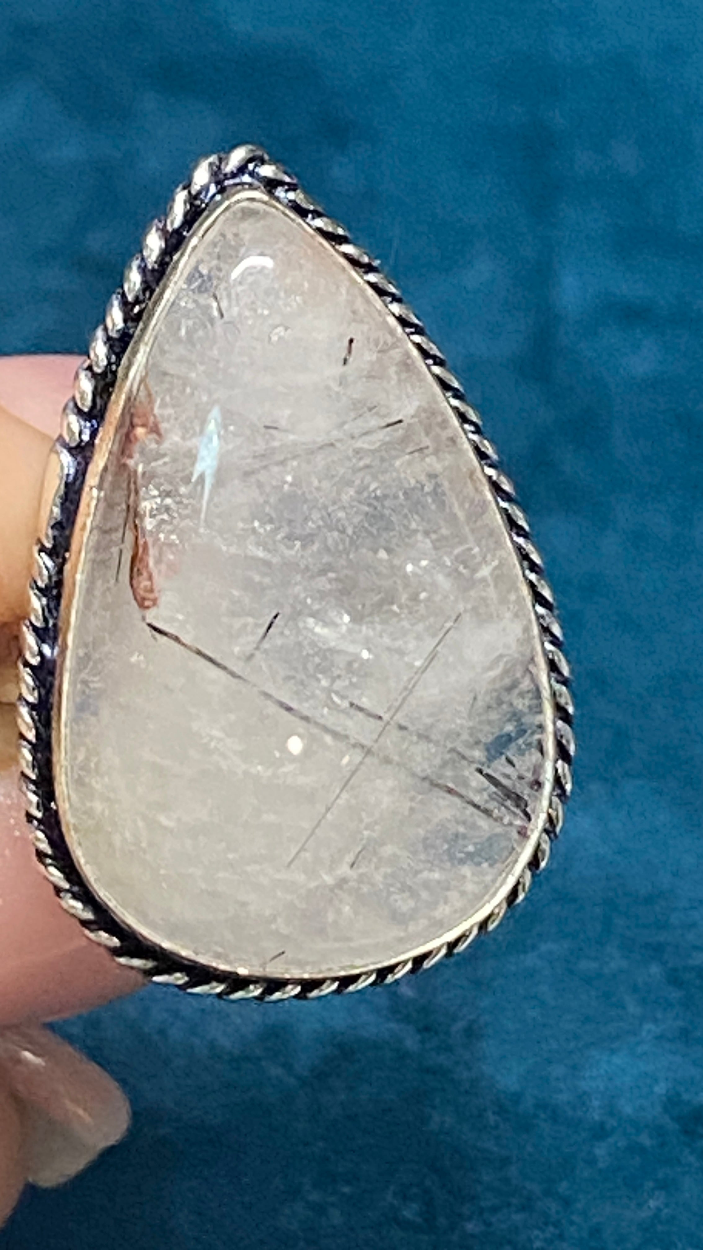 Rutilated Quartz Teardrop Ring – Sterling Plated