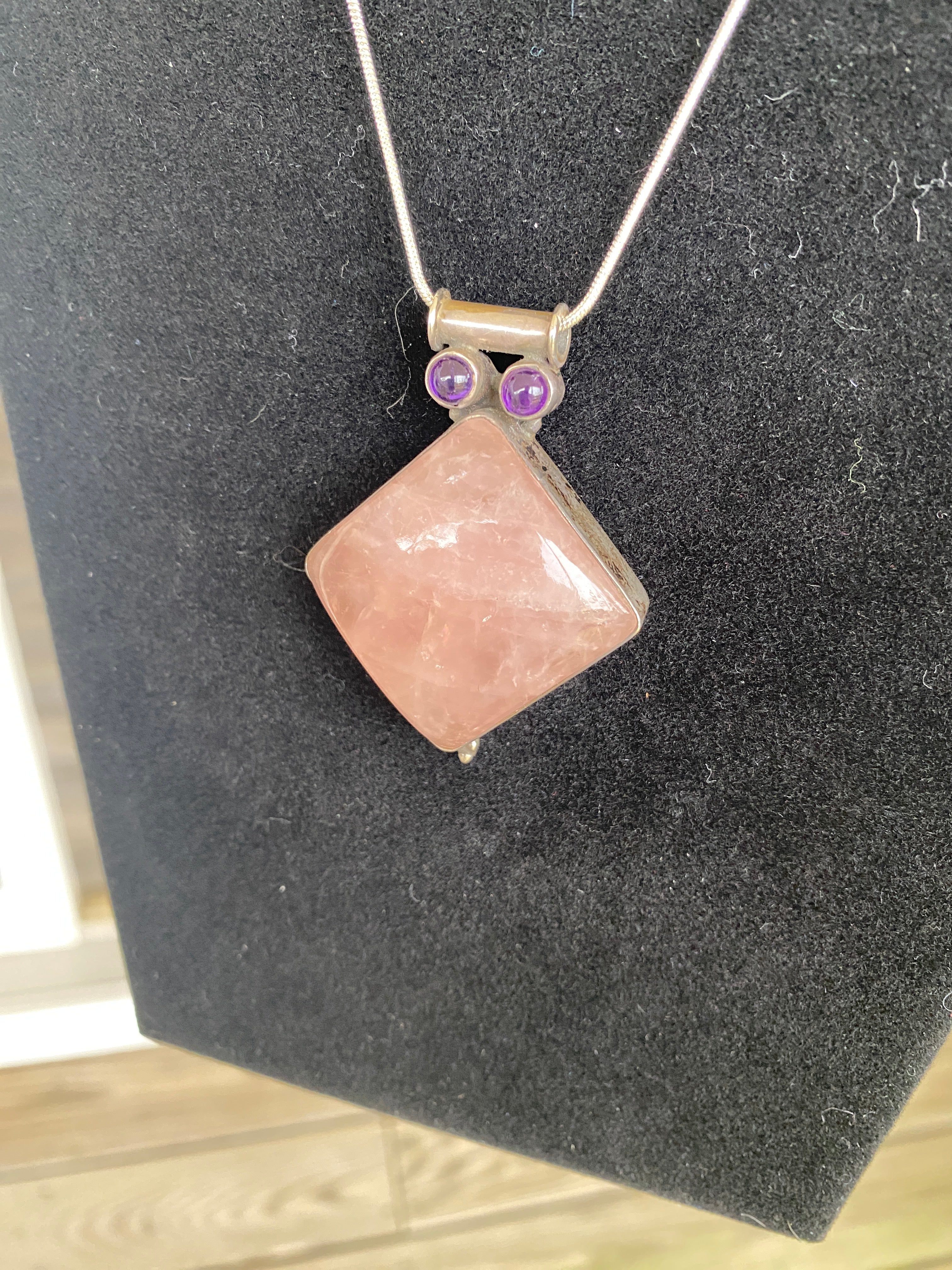 Rose Quartz & Amethyst Pendant Necklace | Solid 925 Sterling Silver, 20” Snake Chain.