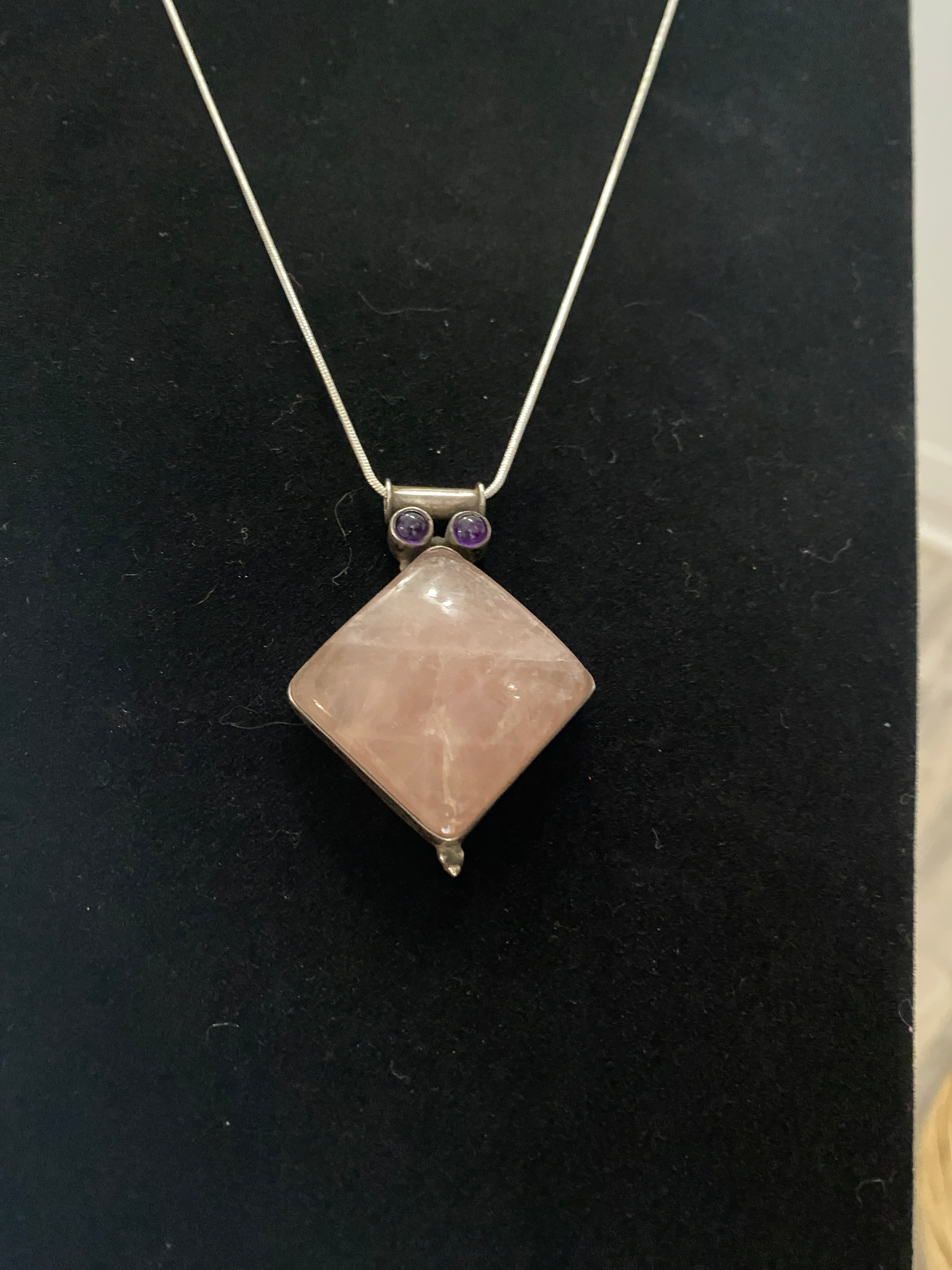 Rose Quartz & Amethyst Pendant Necklace | Solid 925 Sterling Silver, 20” Snake Chain.