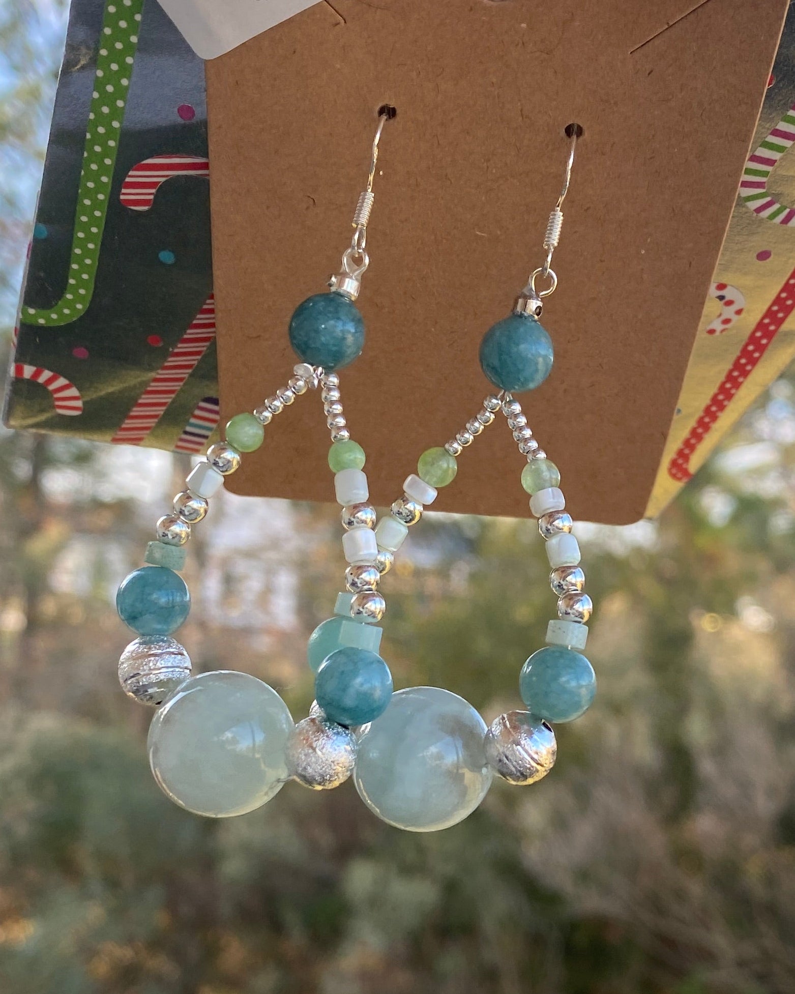 Shell, Amazonite, Blue Chalcedony &amp; White Quartz Teardrop Earrings