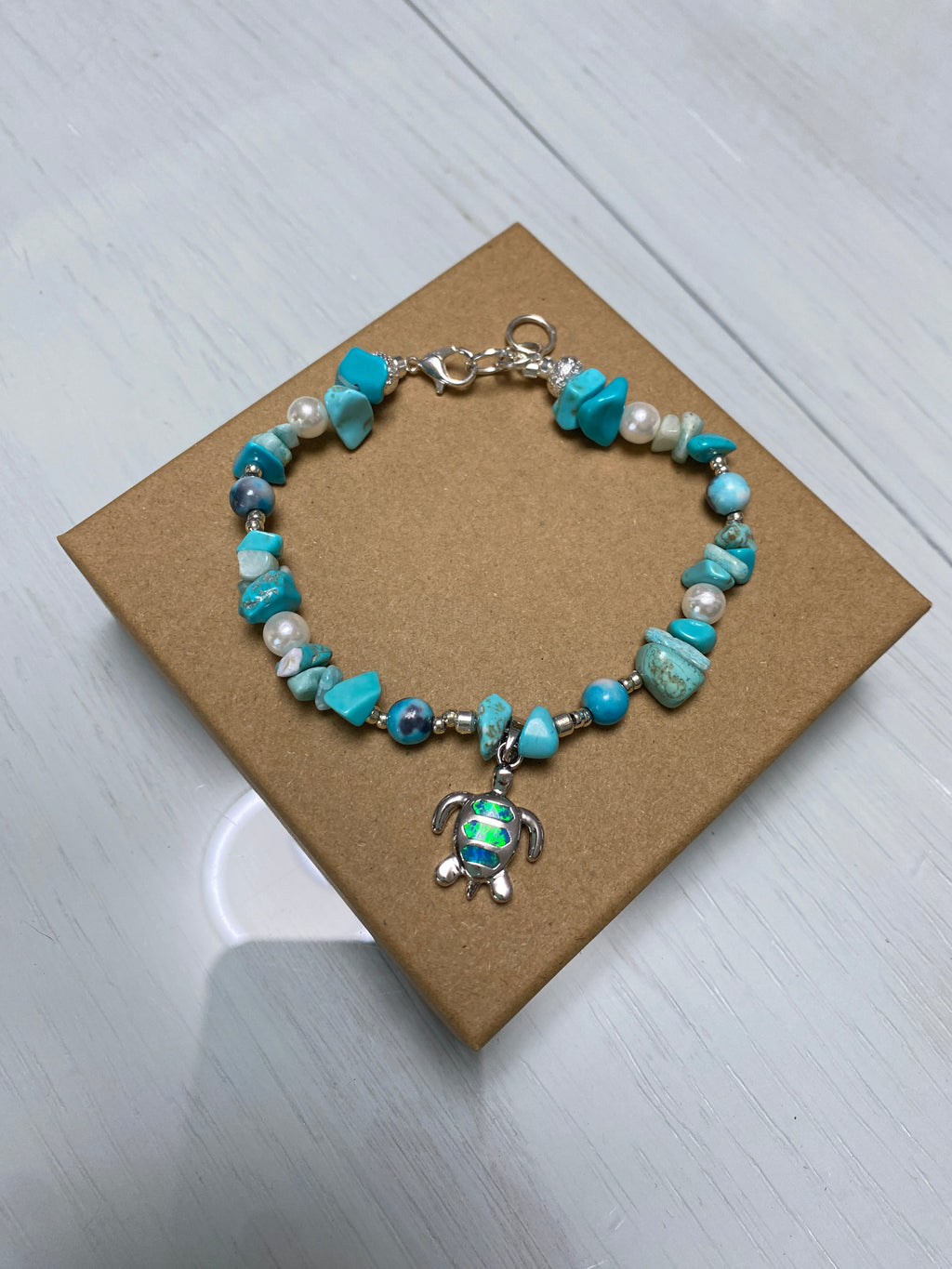 Turquoise Bracelet with Sterling Silver and Opal Turtle Charm