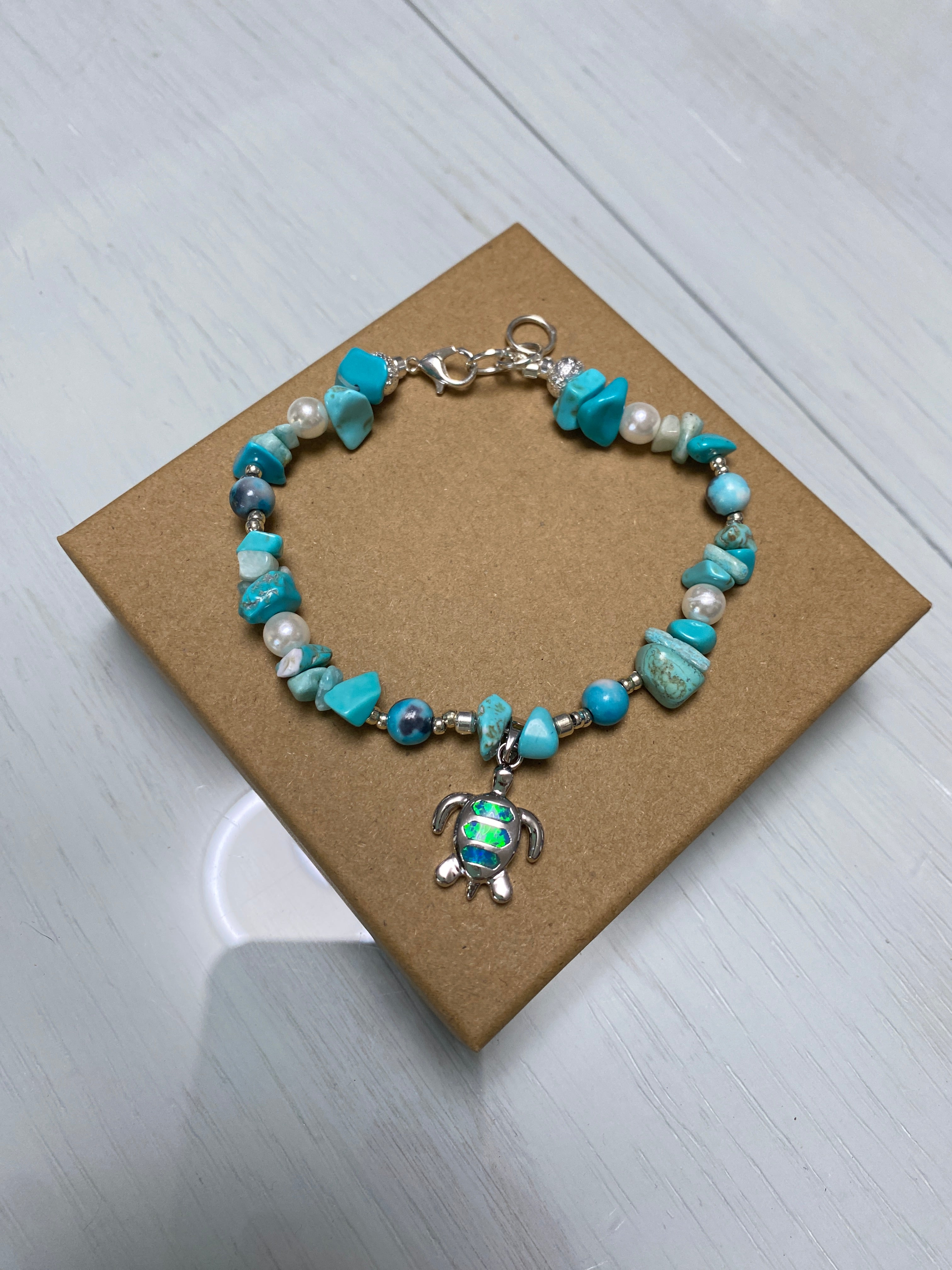 Turquoise Bracelet with Sterling Silver and Opal Turtle Charm