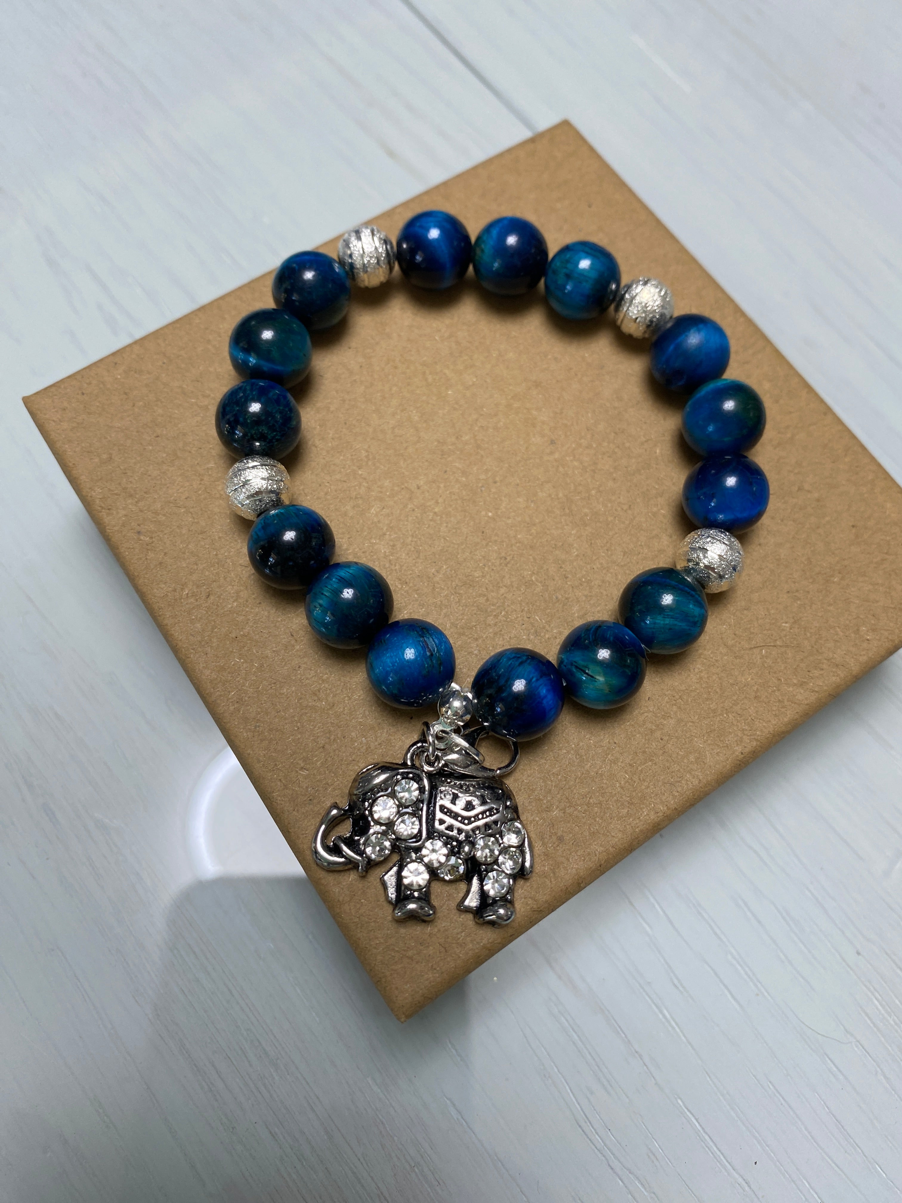 Cat’s Eye and Sterling Silver Bead Bracelet with Rhinestone Elephant Charm