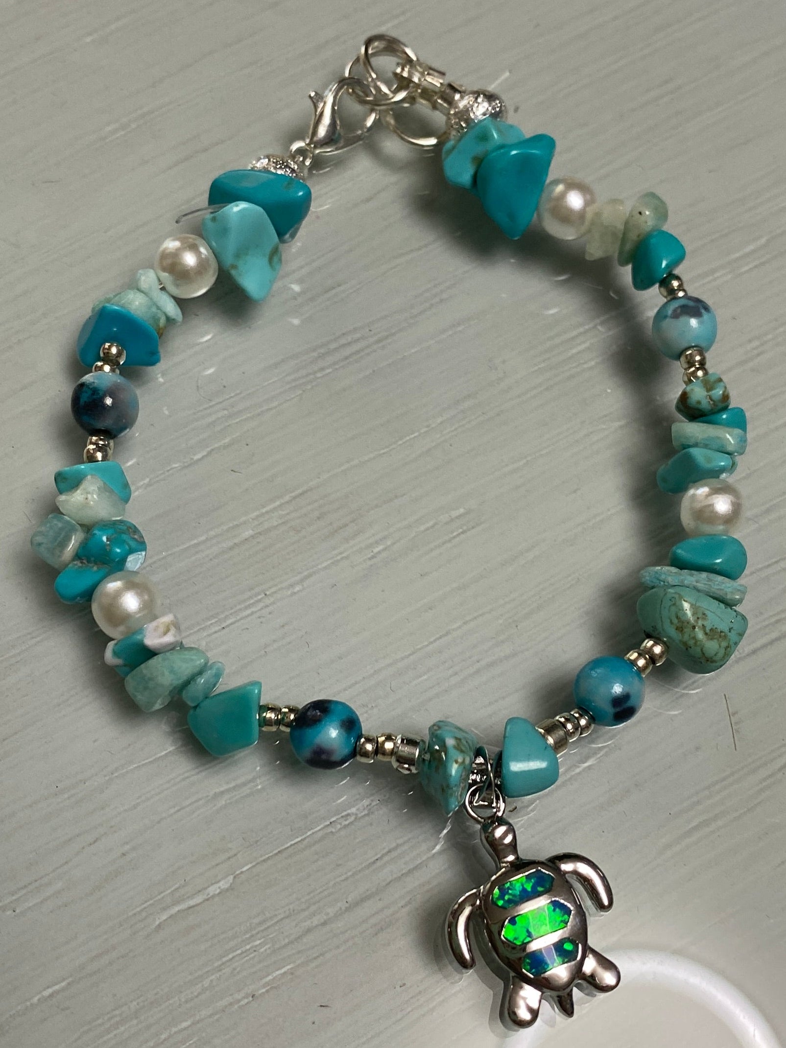 Turquoise Bracelet with Sterling Silver and Opal Turtle Charm
