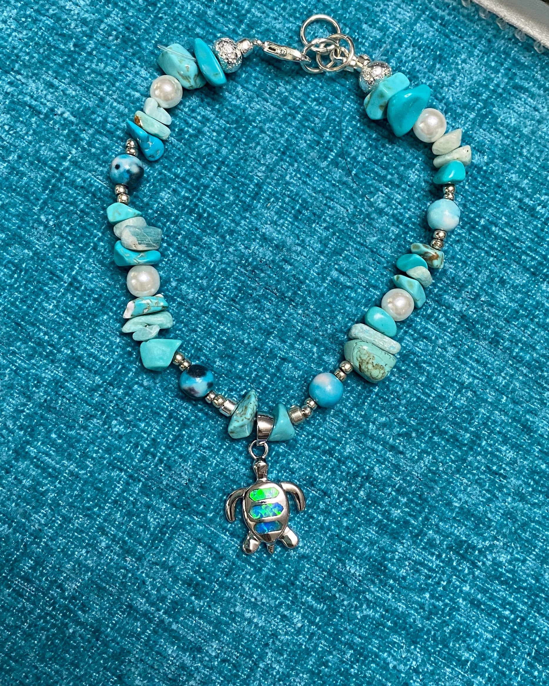 Turquoise Bracelet with Sterling Silver and Opal Turtle Charm