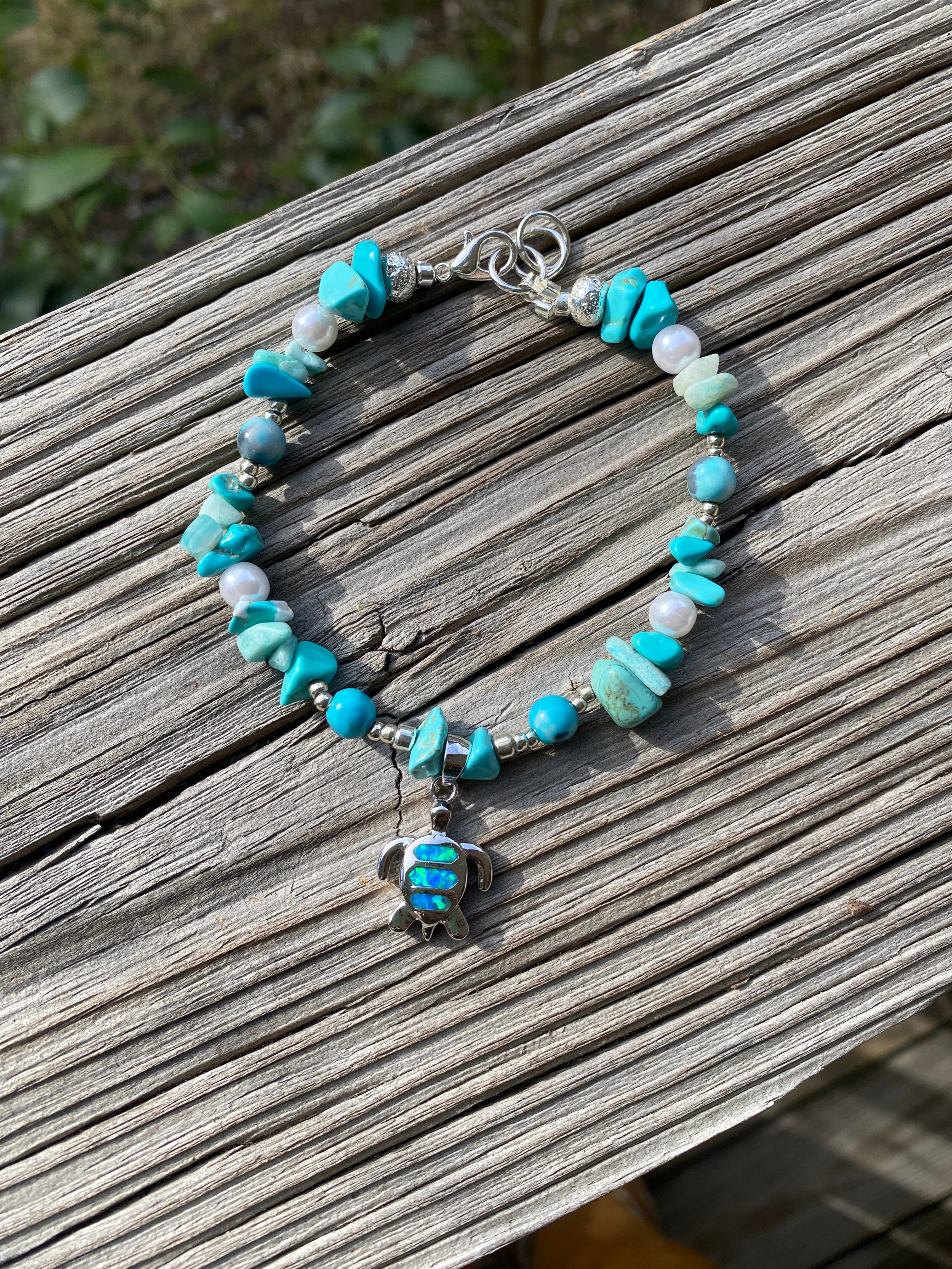 Turquoise Bracelet with Sterling Silver and Opal Turtle Charm