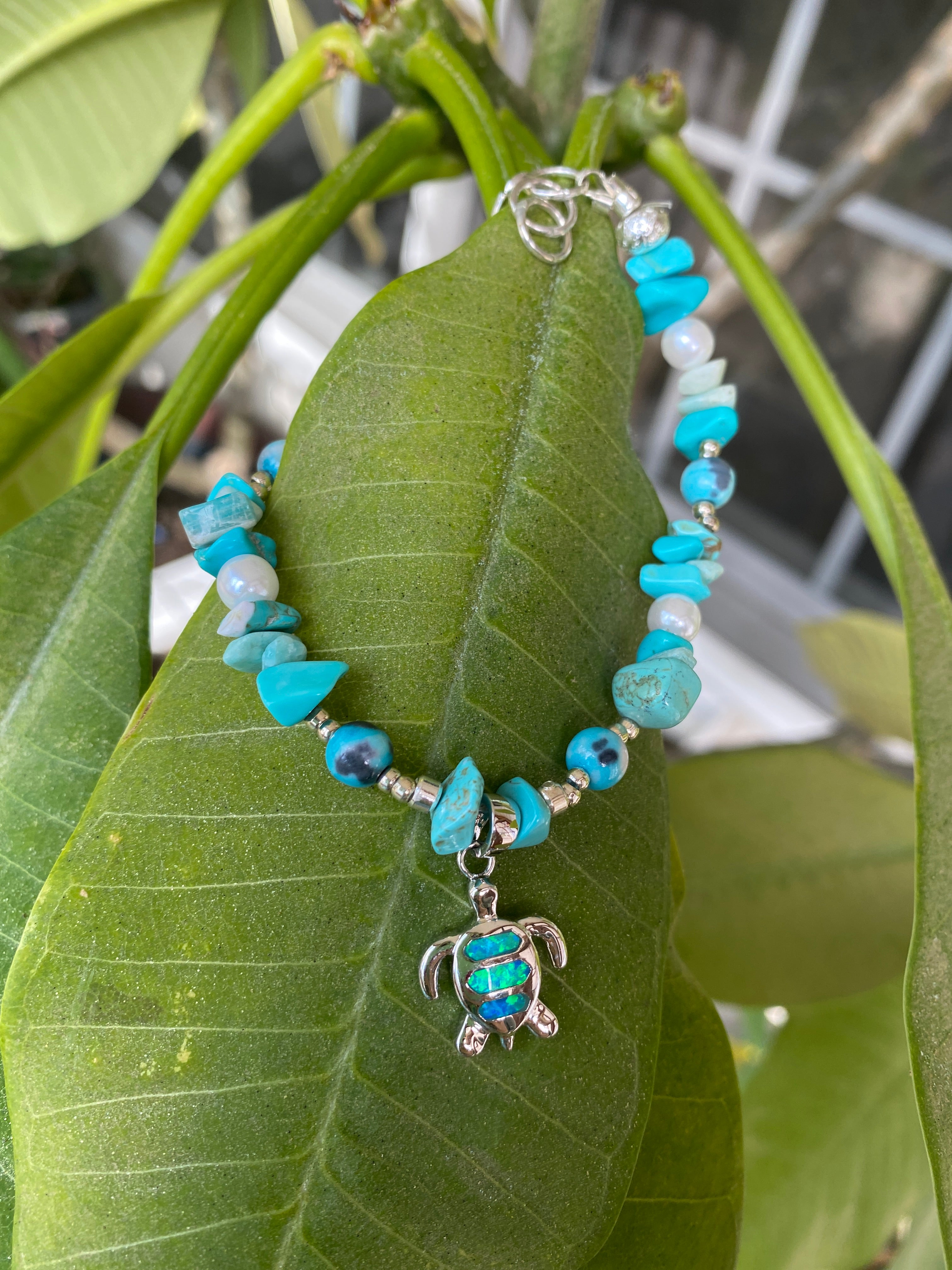 Turquoise Bracelet with Sterling Silver and Opal Turtle Charm