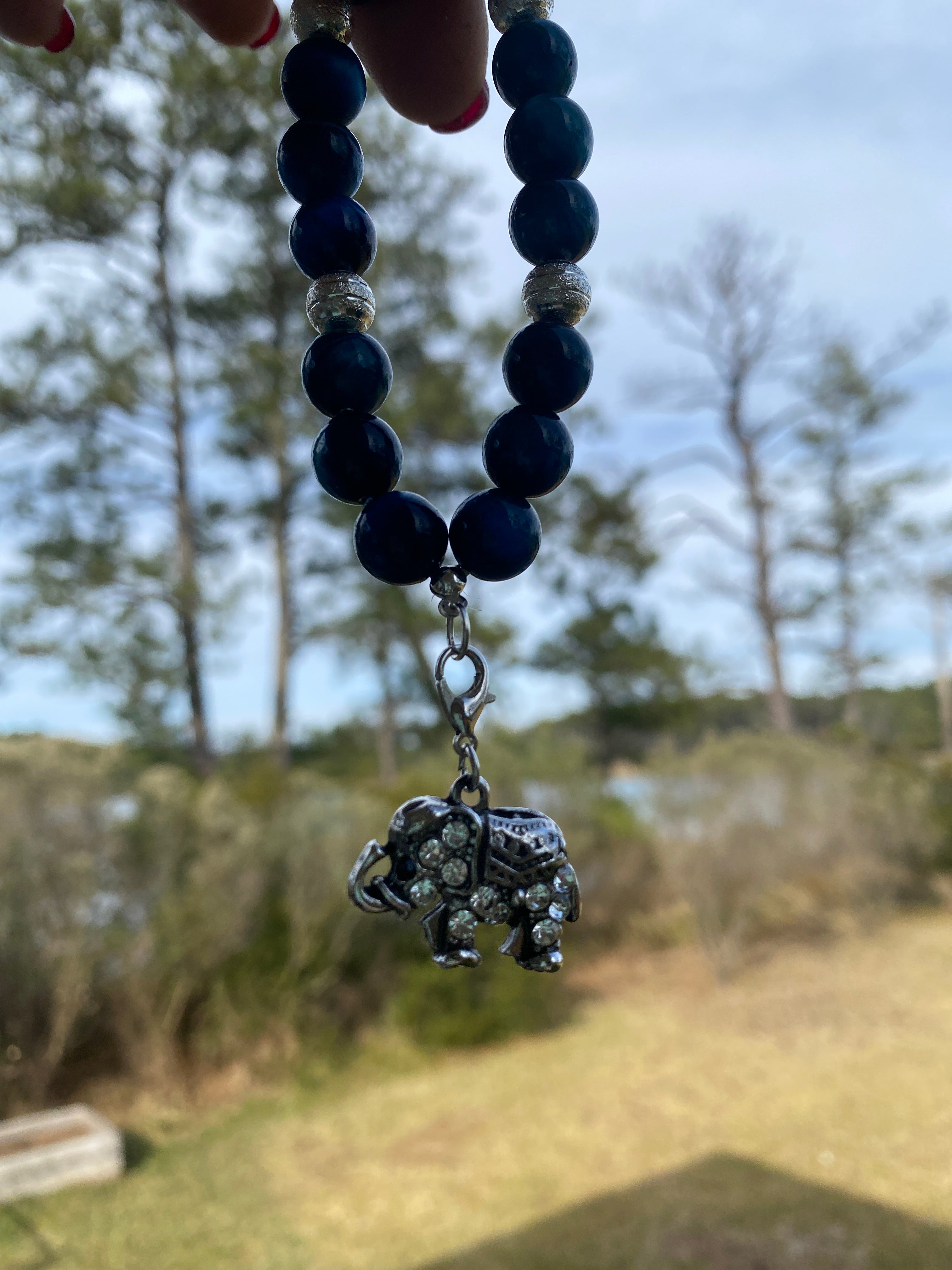 Cat’s Eye and Sterling Silver Bead Bracelet with Rhinestone Elephant Charm