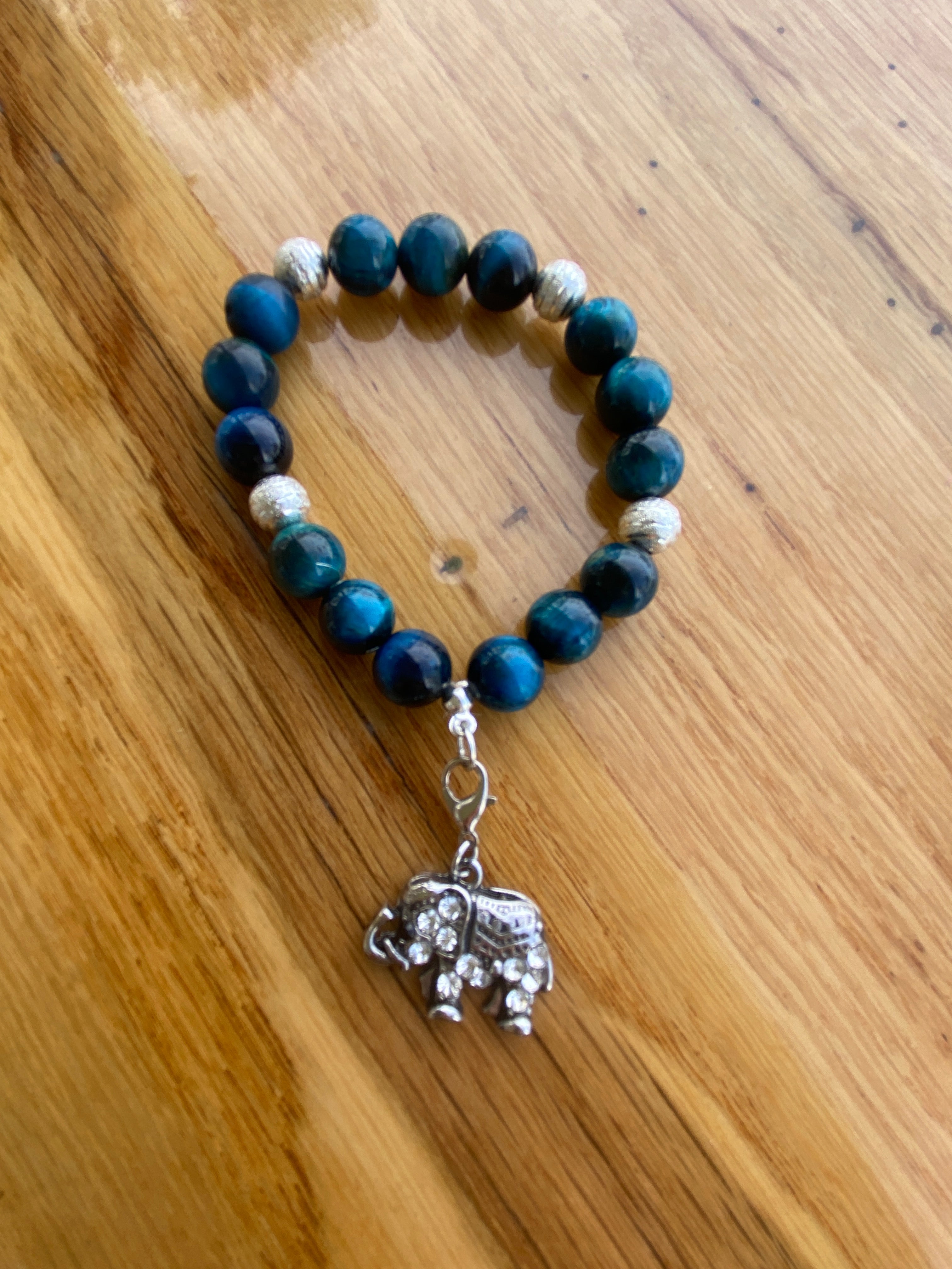 Cat’s Eye and Sterling Silver Bead Bracelet with Rhinestone Elephant Charm