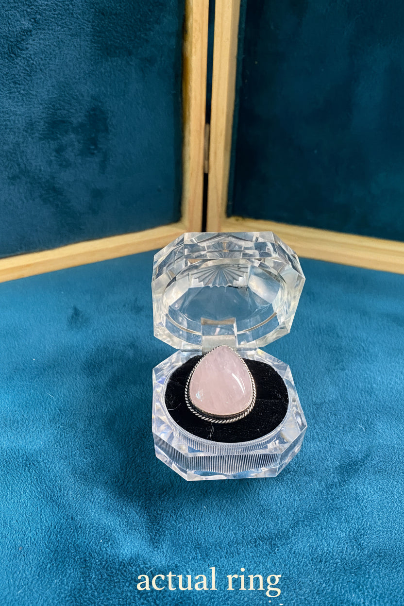 Rose Quartz Teardrop Ring Silver Overlay