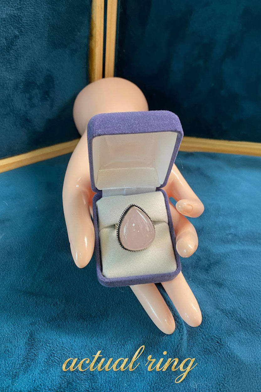 Rose Quartz Teardrop Ring Silver Overlay
