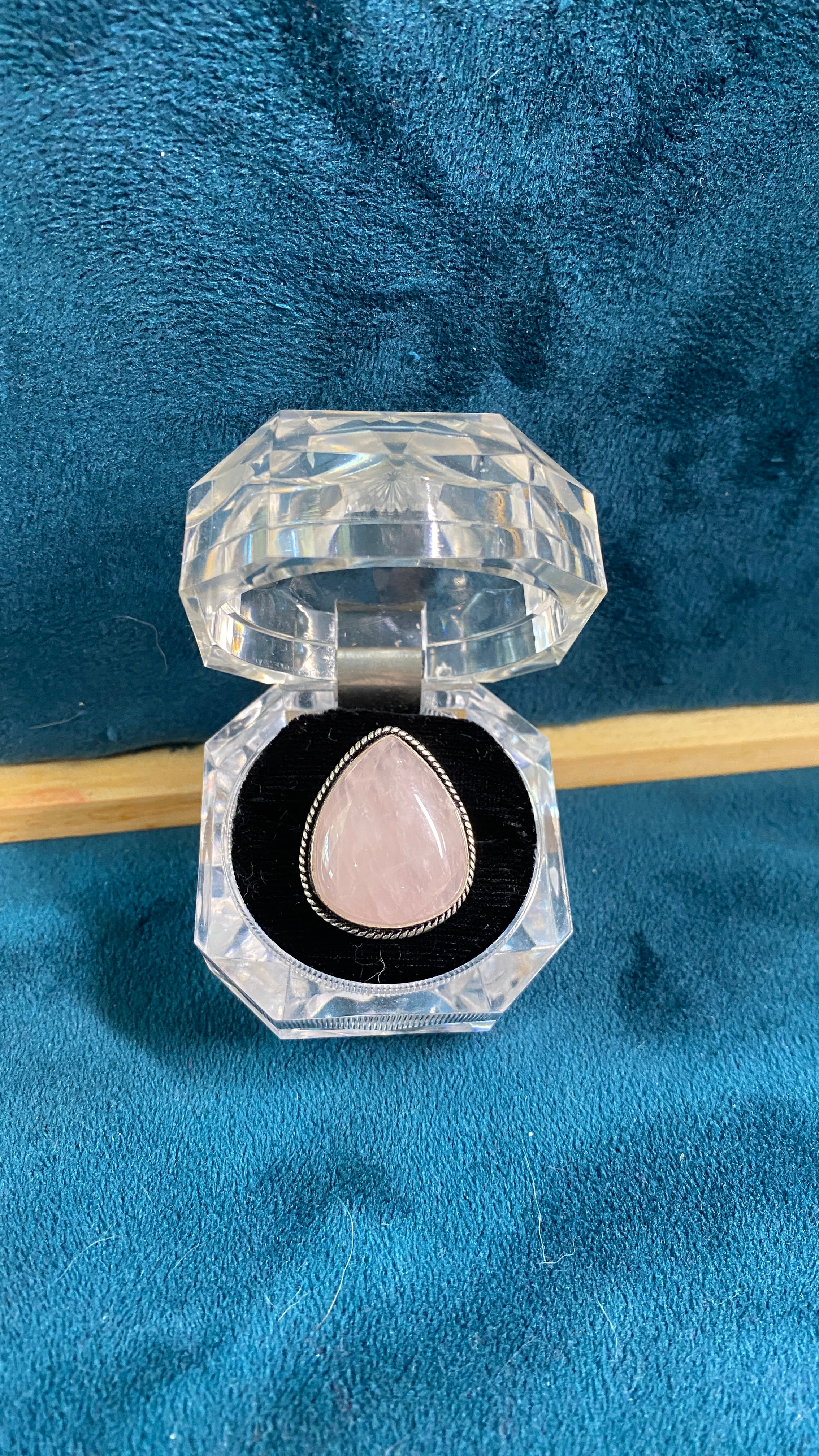 Rose Quartz Teardrop Ring Silver Overlay