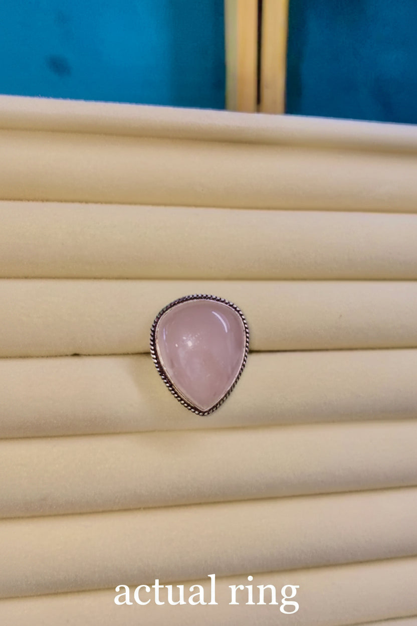 Rose Quartz Teardrop Ring Silver Overlay