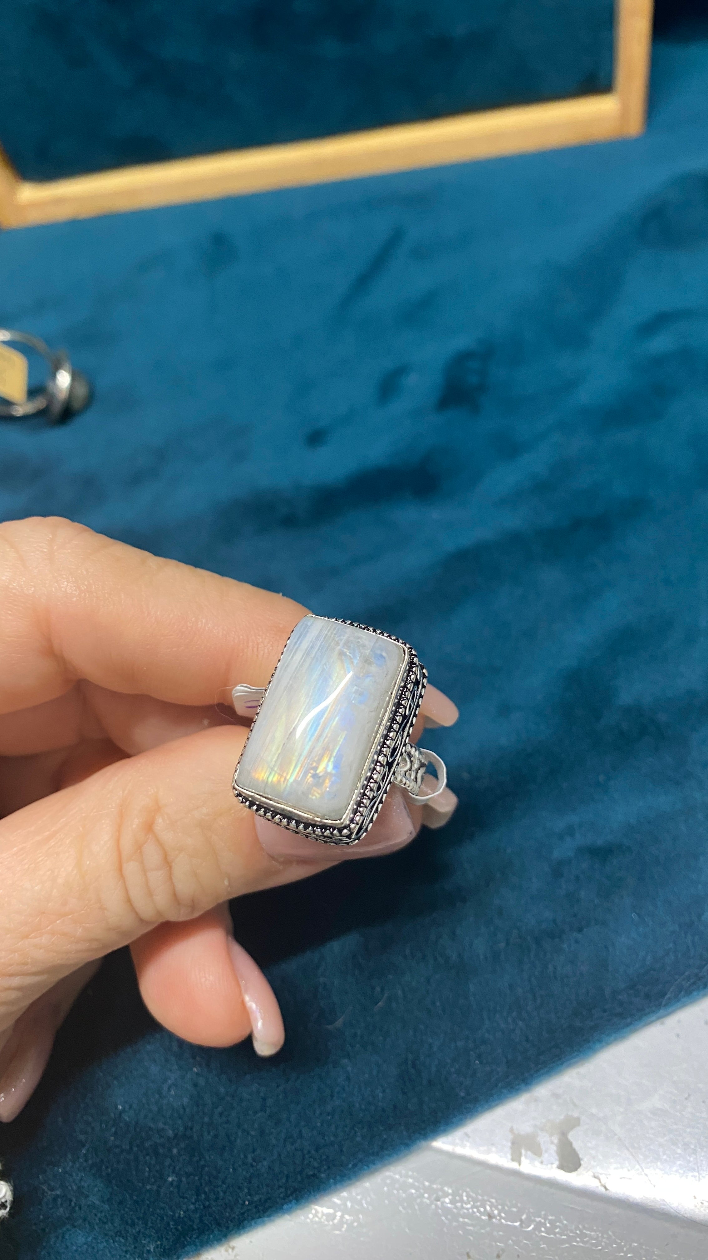 Rainbow Moonstone Statement Ring – Solid Sterling Silver | Size 6.75 | One of a Kind