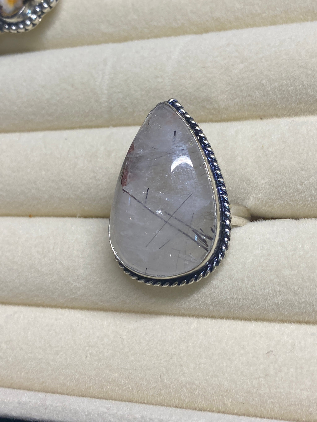 Rutilated Quartz Teardrop Ring – Sterling Plated