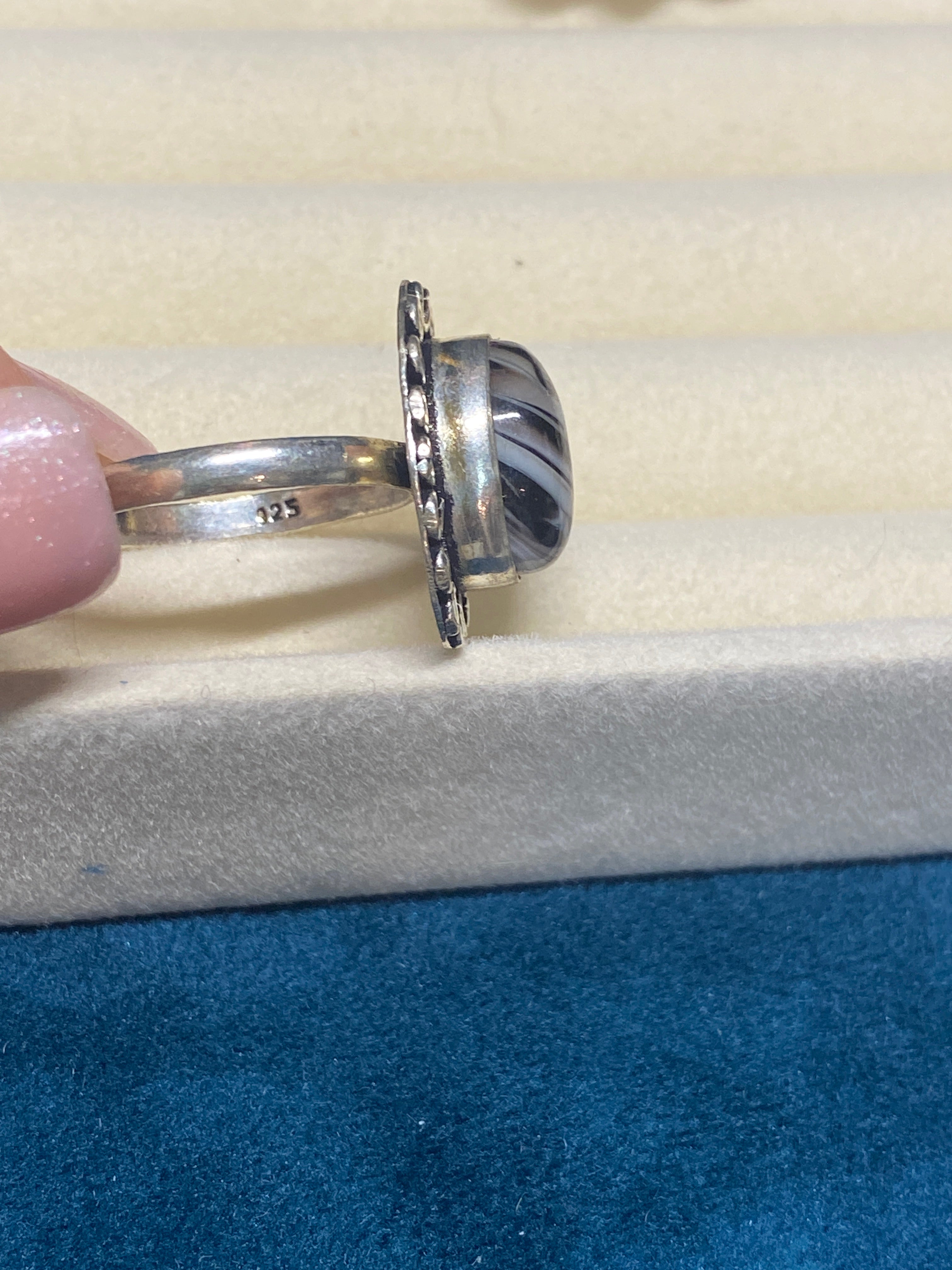 BLACK BANDED AGATE & STERLING SILVER RING