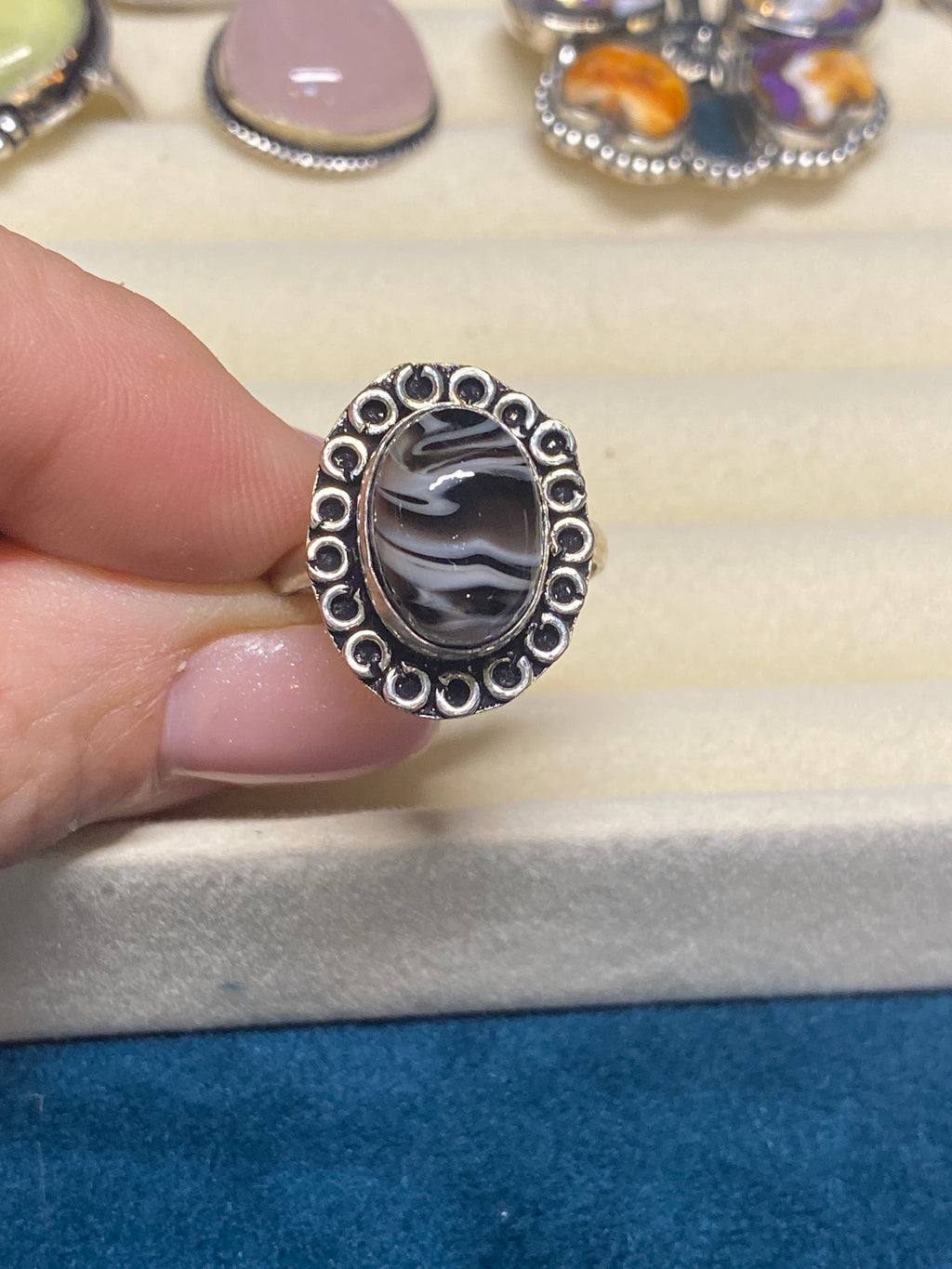 BLACK BANDED AGATE & STERLING SILVER RING